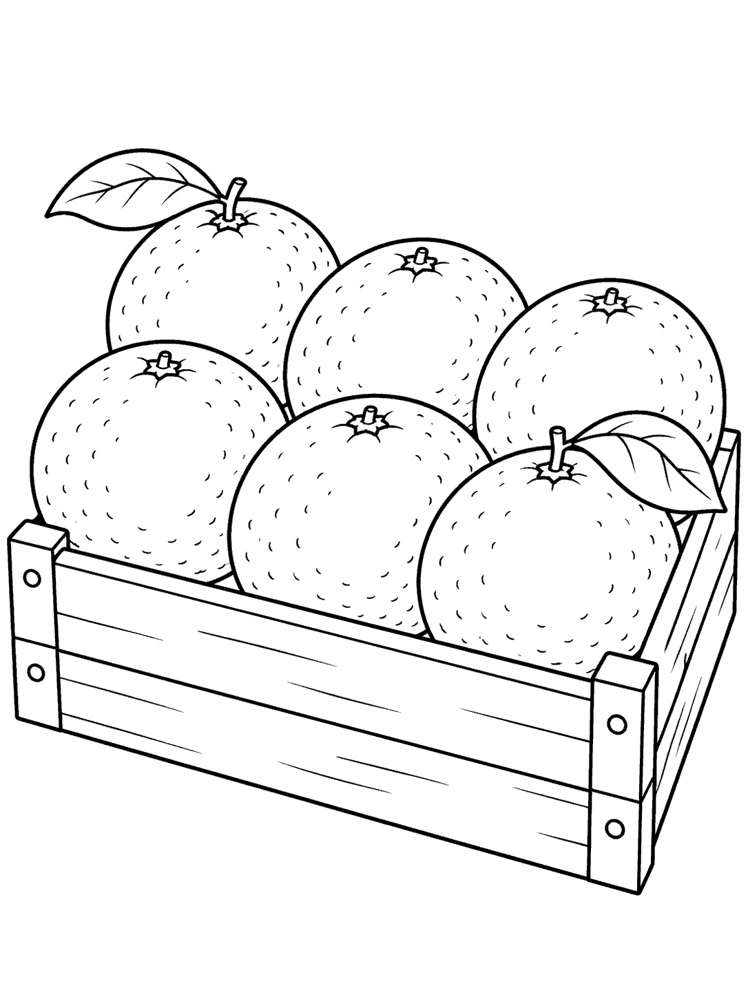 Black outline drawing of six oranges and two leaves in a wooden produce crate