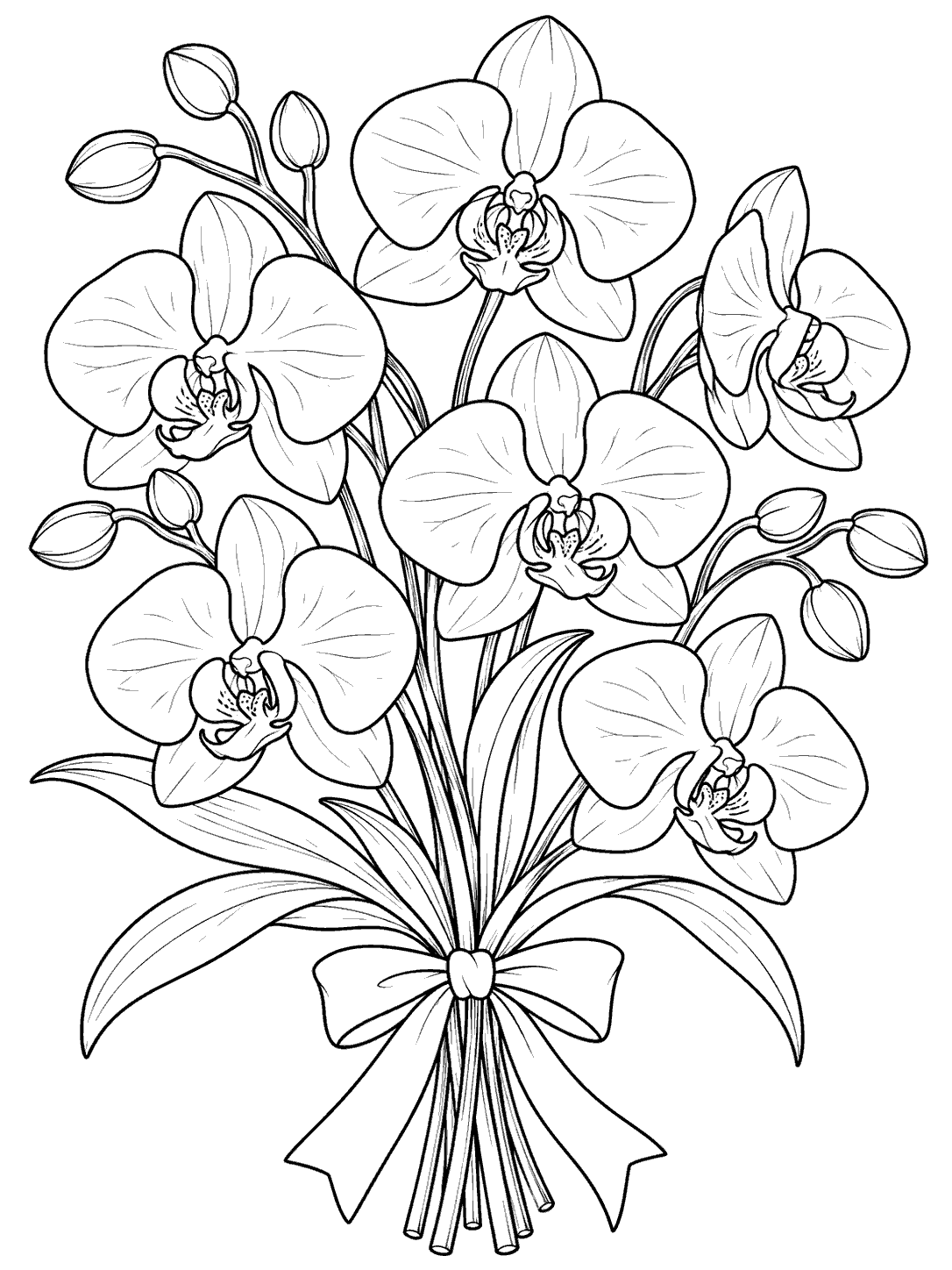 Hand-tied bouquet of six orchid blooms and several buds, tied with a ribbon.