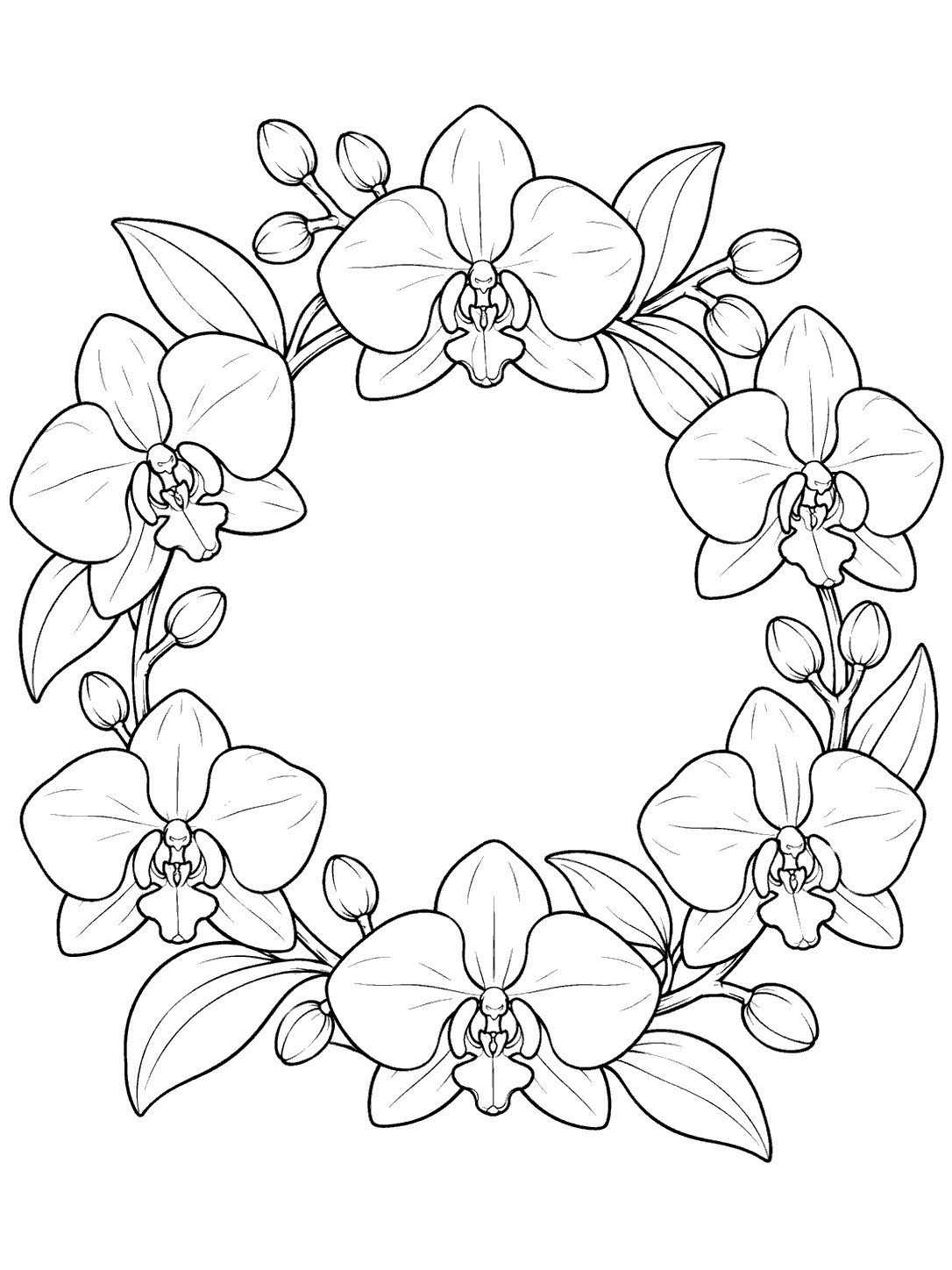 Six orchid blooms and leaves form an open-centered circular wreath in black outlines.