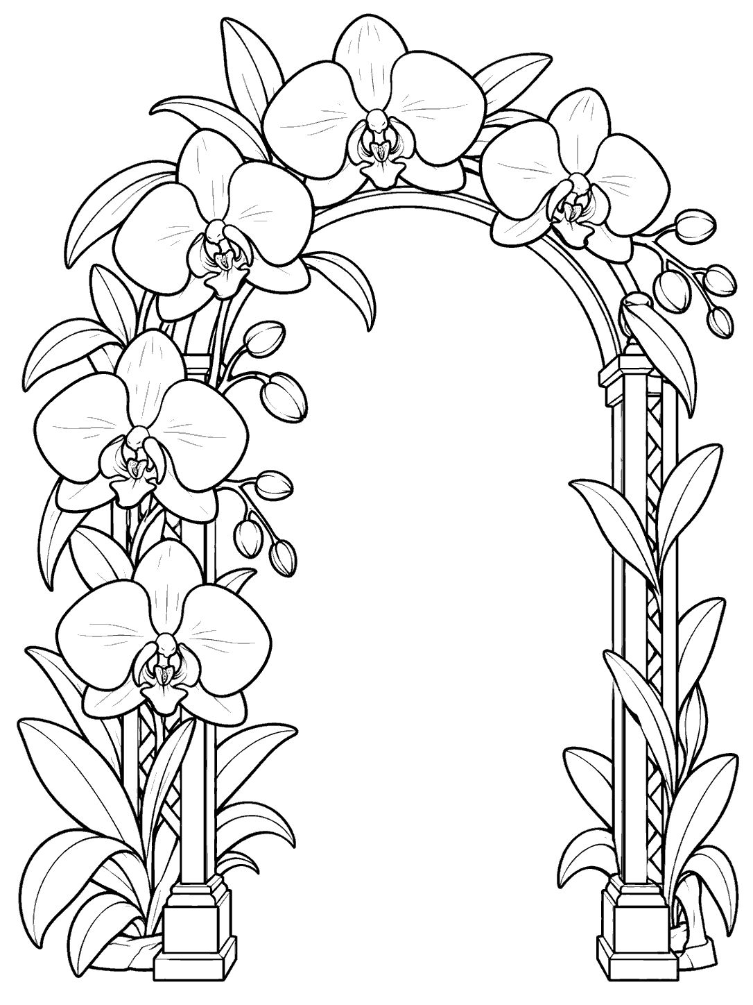 Five large orchid blossoms and several buds and leaves drape around an open garden arch.