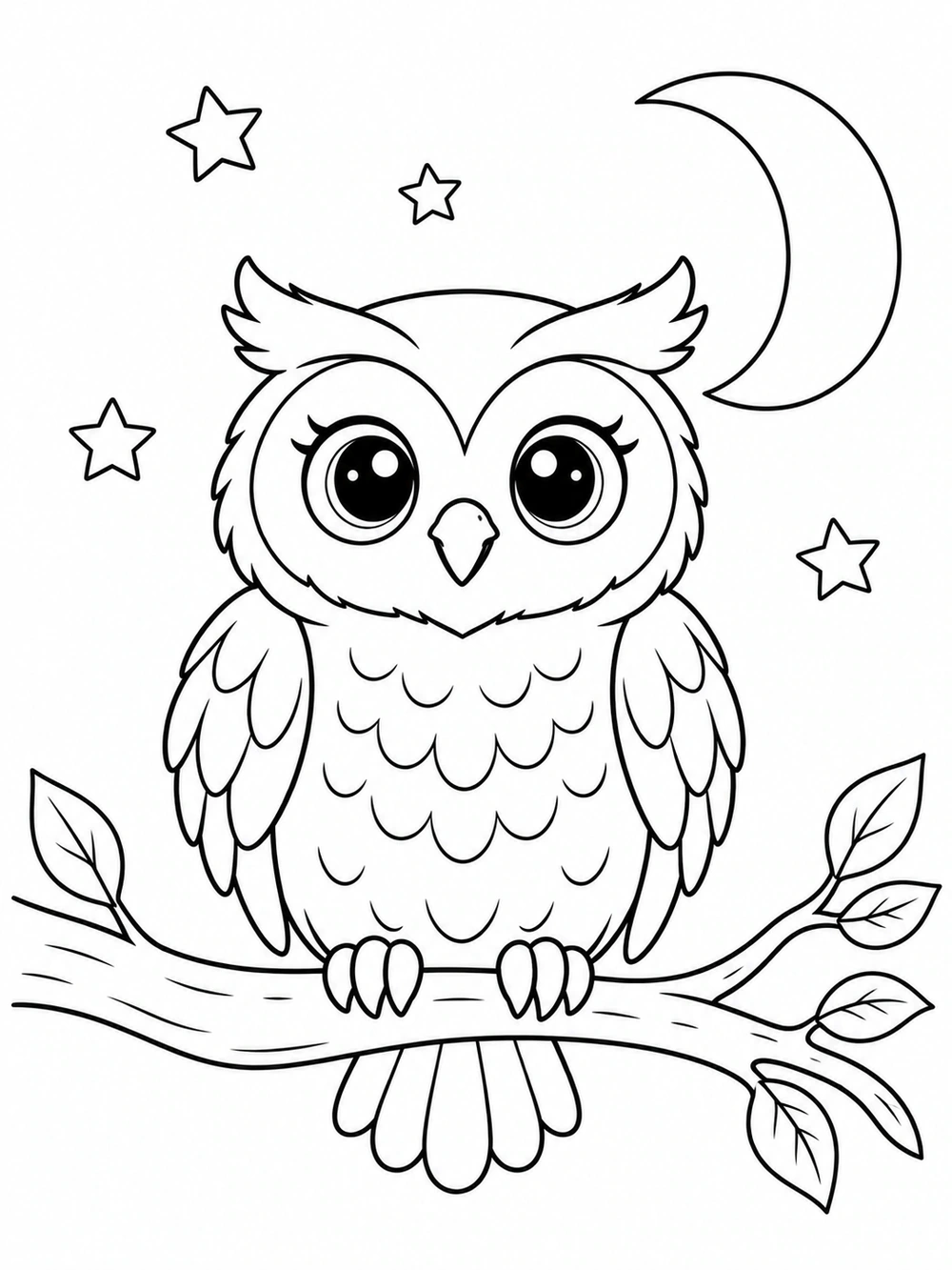 Round owl perched on a leafy branch beneath a crescent moon and stars