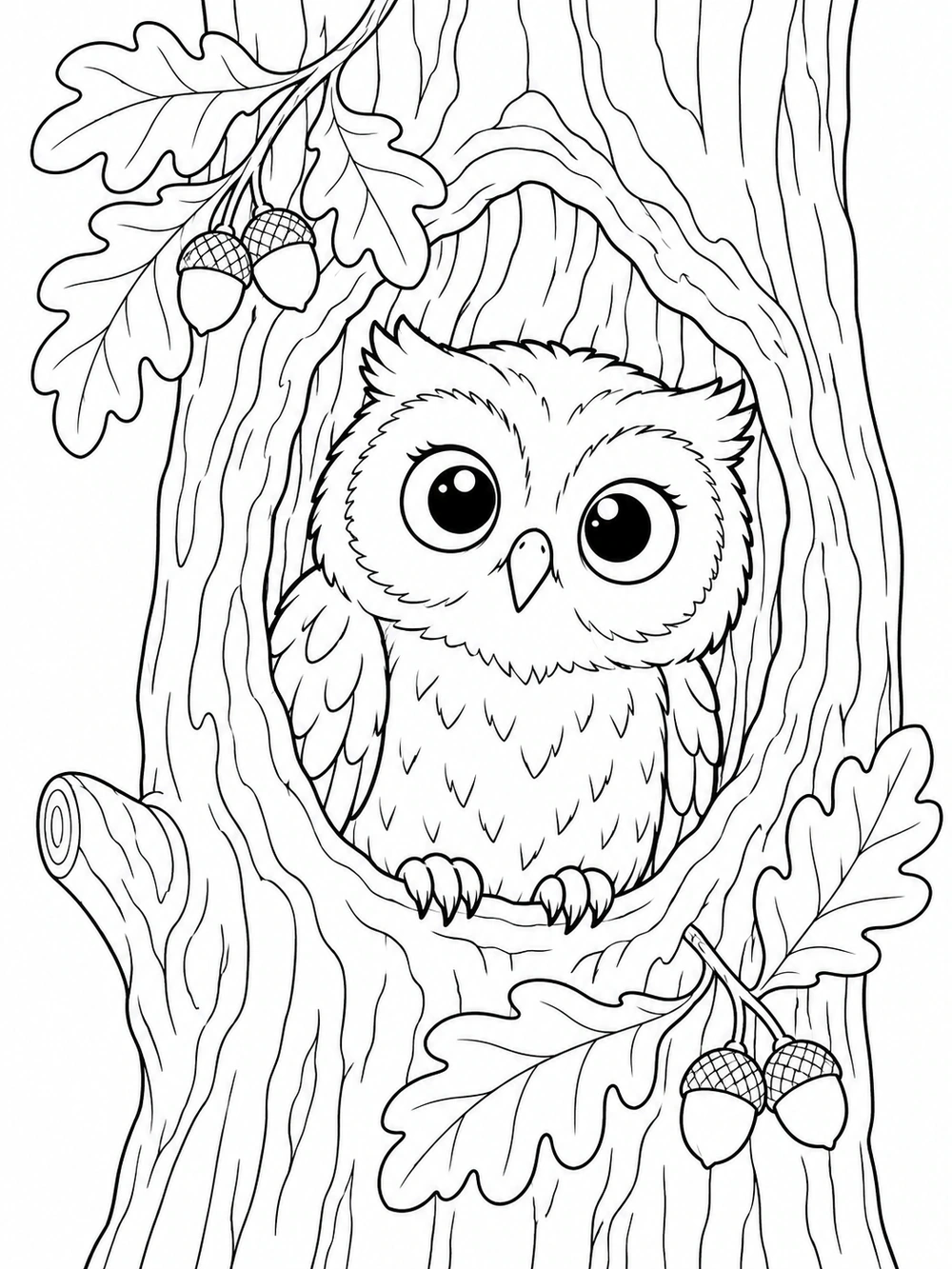 Wide-eyed owl perched inside a tree hollow, framed by oak leaves and acorns.