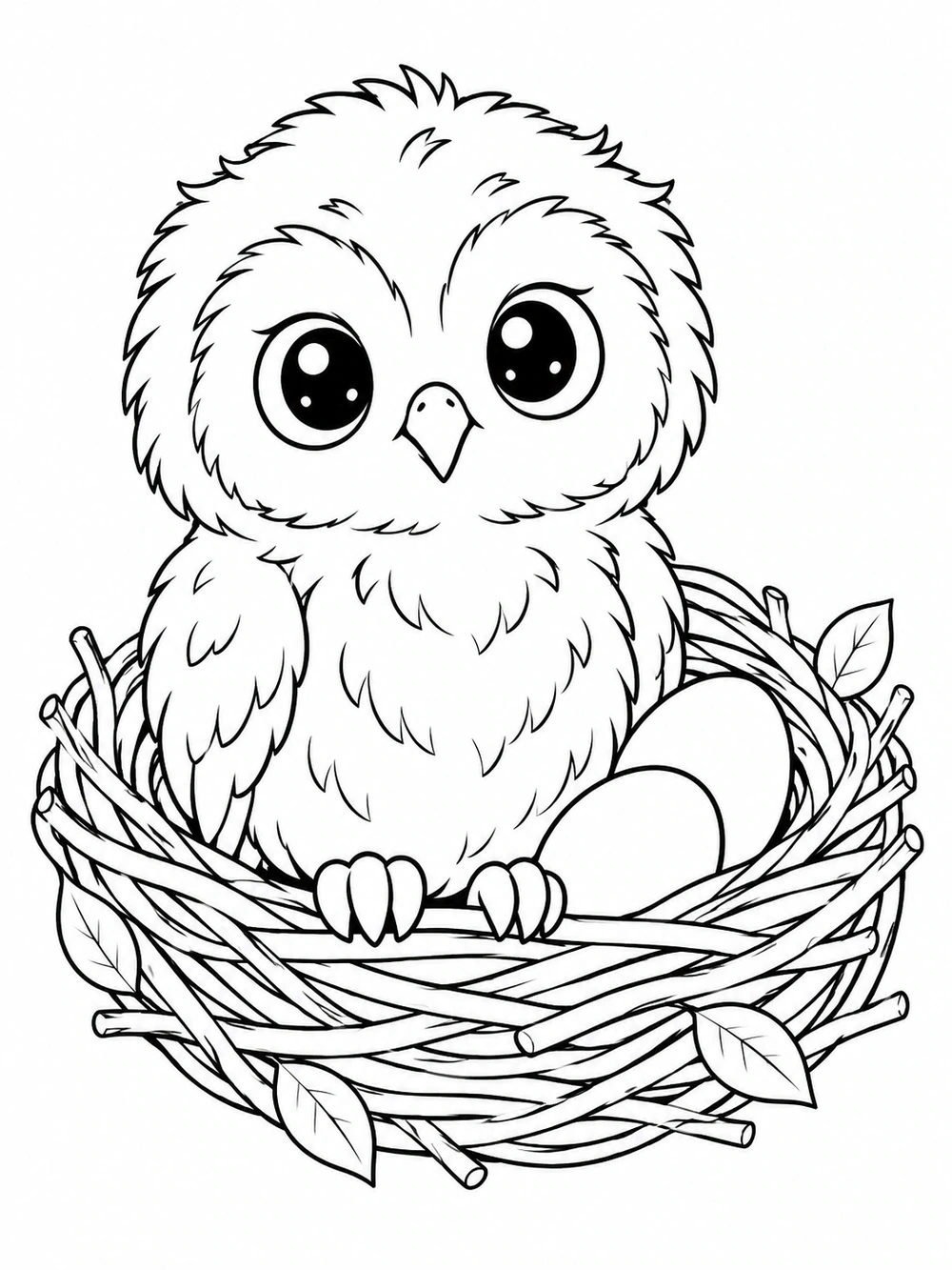 A large-eyed baby owl sitting upright in a woven twig nest beside two smooth eggs.