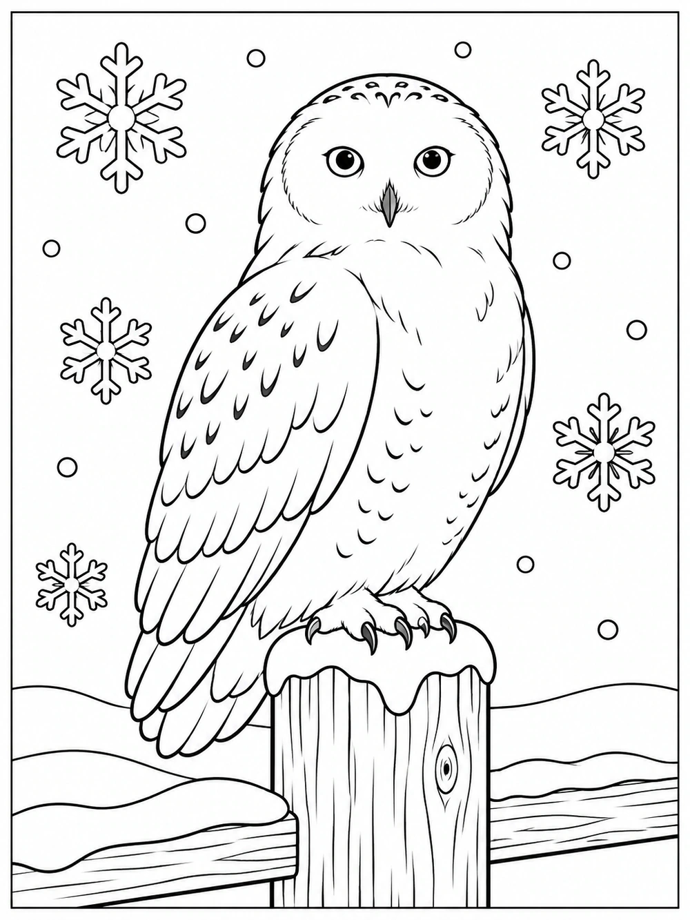 Black-outline snowy owl with open feather patterns perched on a snow-capped wooden post, surrounded by snowflakes and snowbanks.