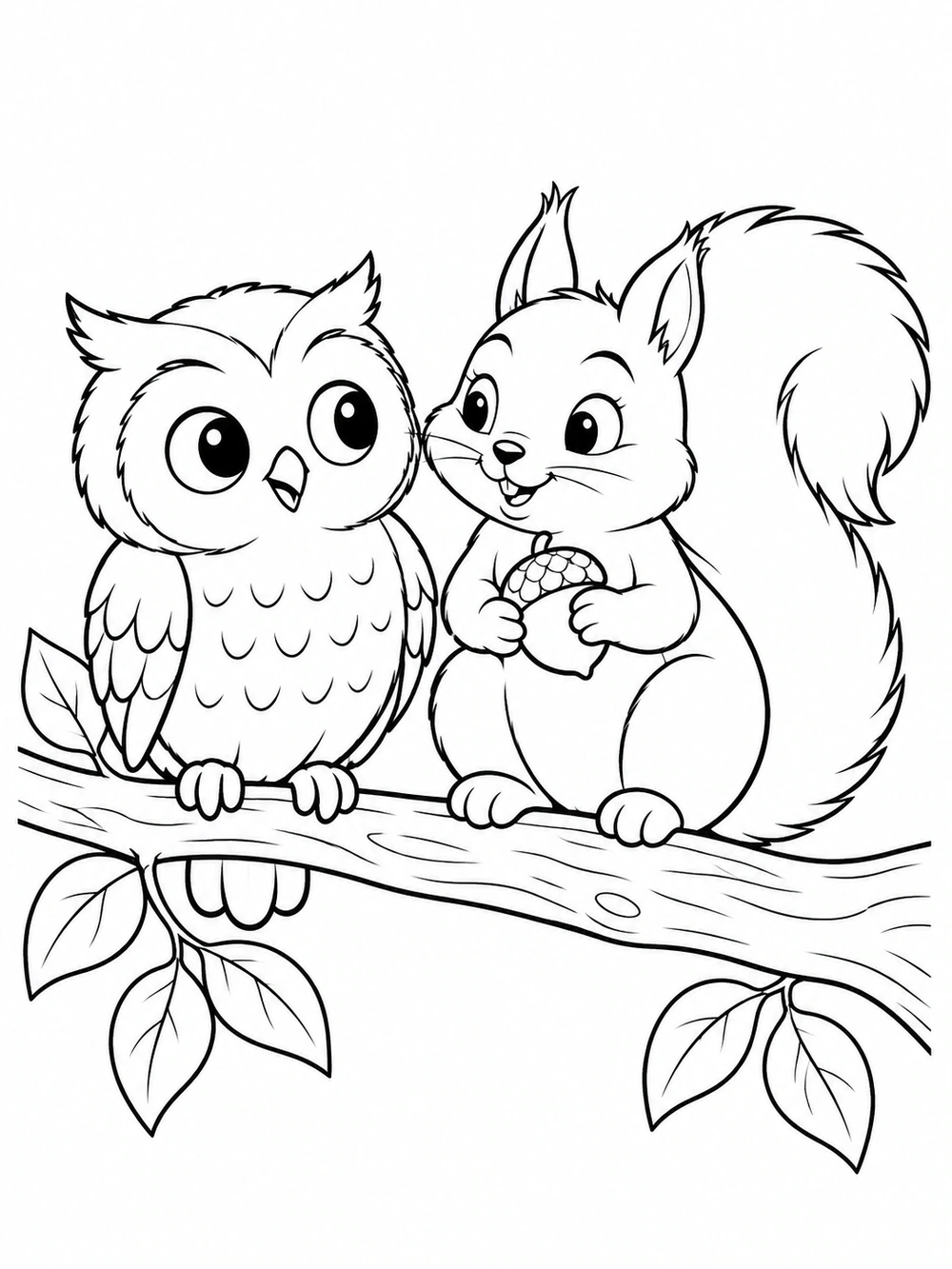 A wide-eyed owl and a smiling squirrel holding an acorn sit together on a leafy branch.