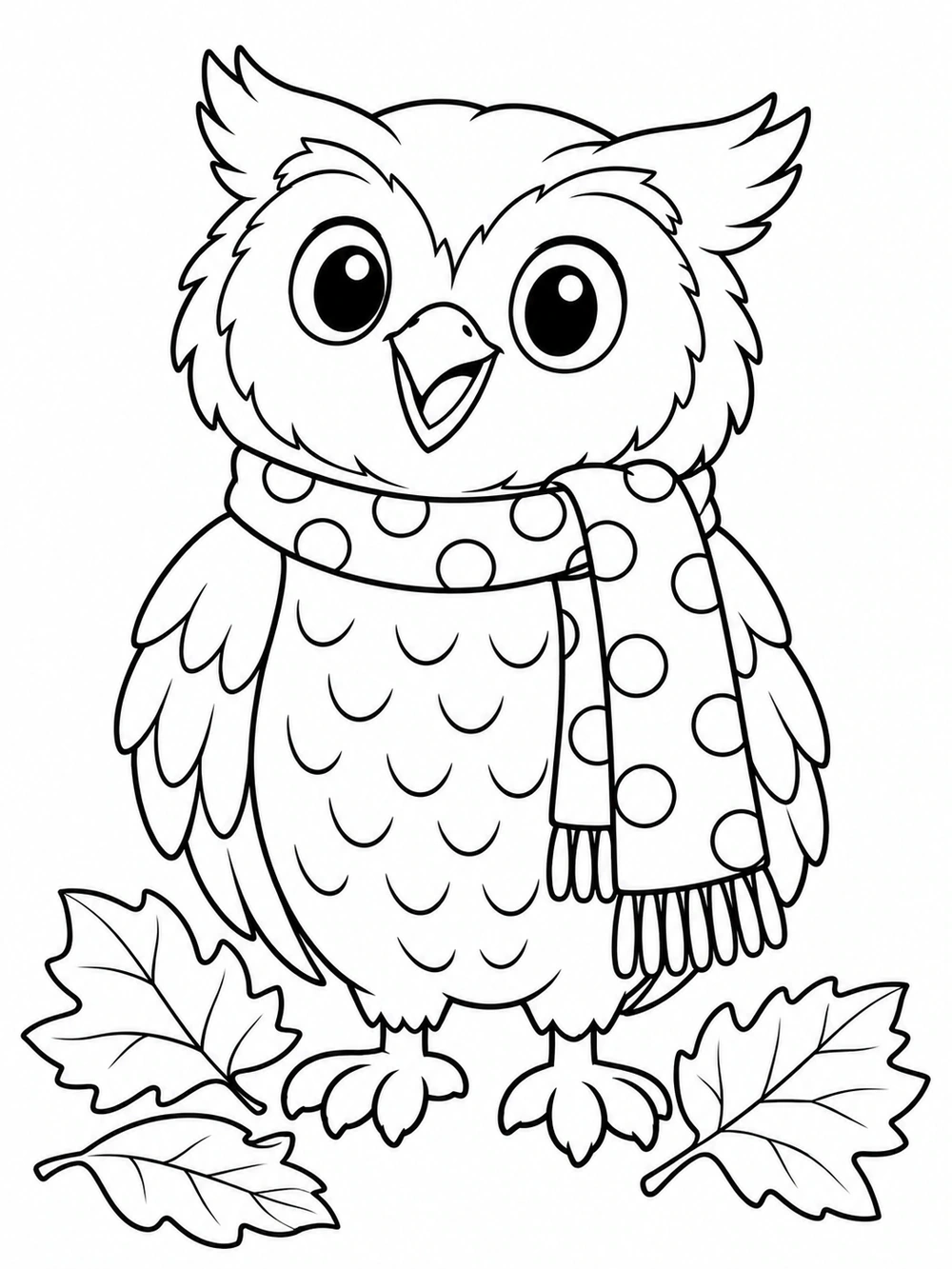 Full-body cheerful owl wearing a polka-dot scarf, standing between three large fallen leaves
