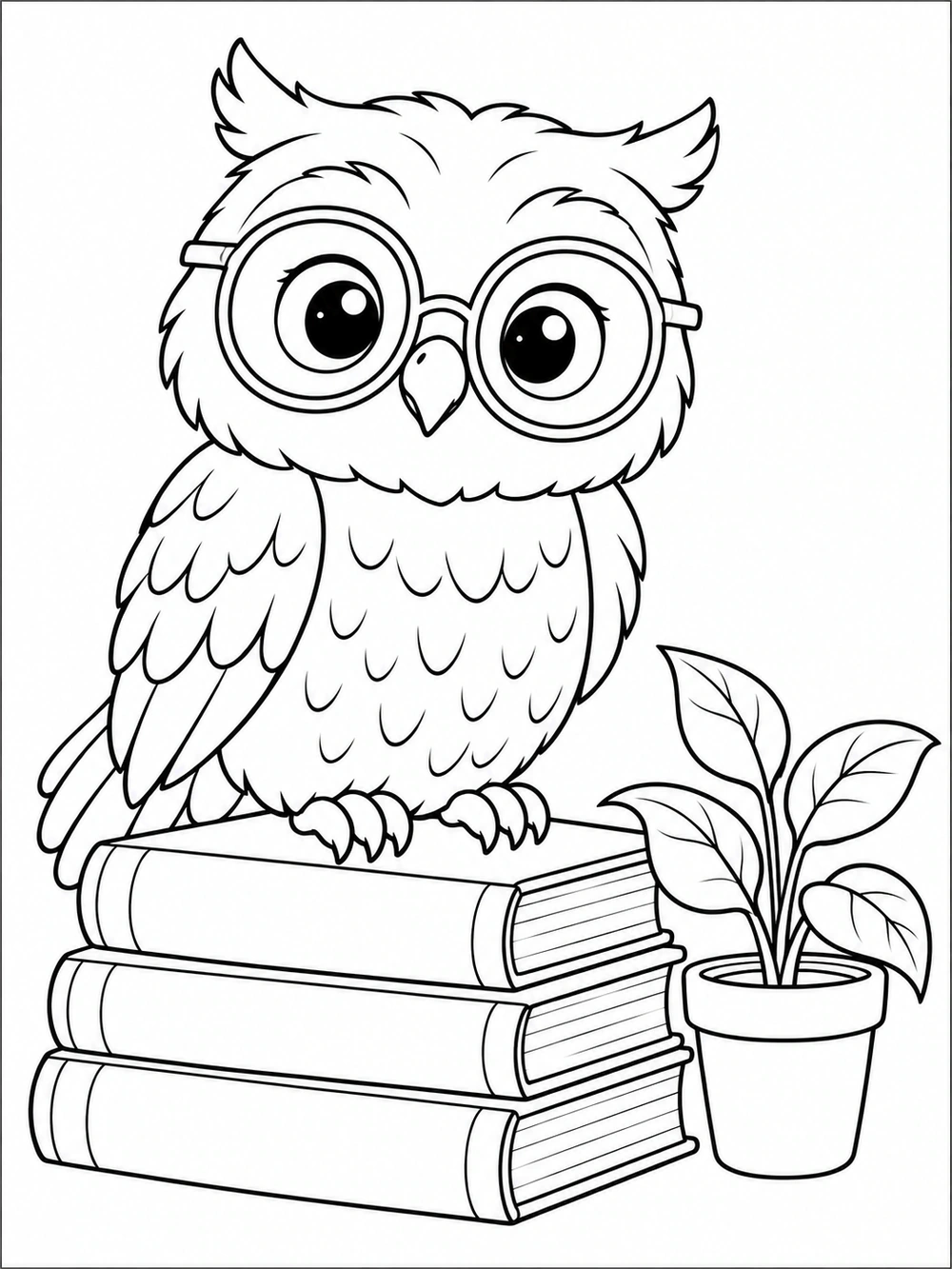 Bespectacled owl perched on a stack of three closed books beside a potted plant