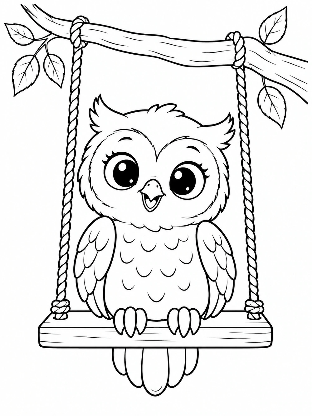 Young owl sitting on a rope swing hanging from a branch with leaves