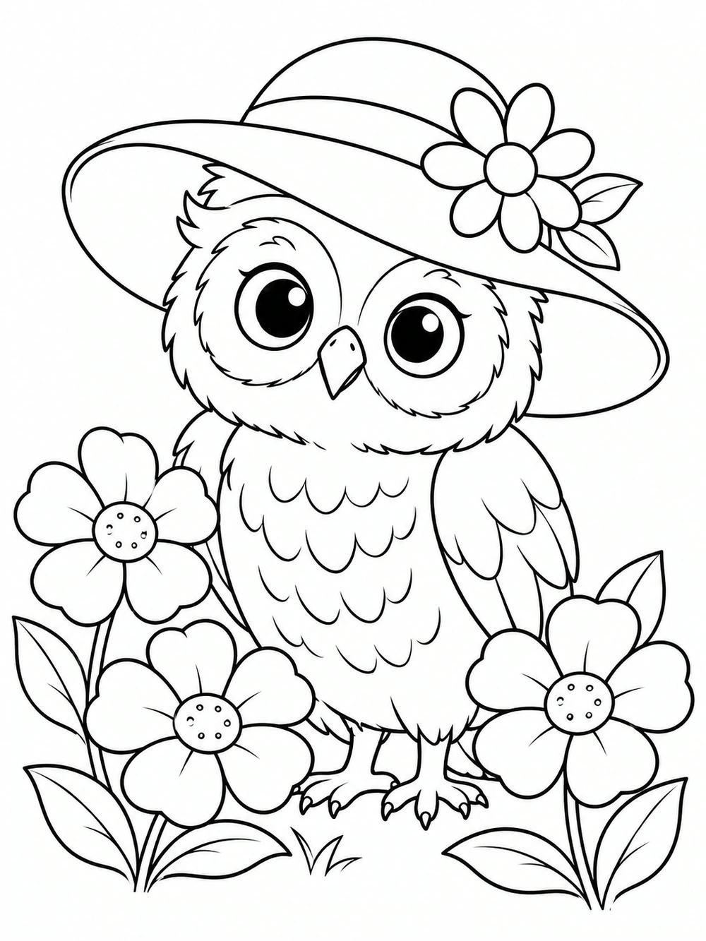 A wide-eyed owl in a floppy brimmed garden hat, surrounded by three large flowers and leaves.