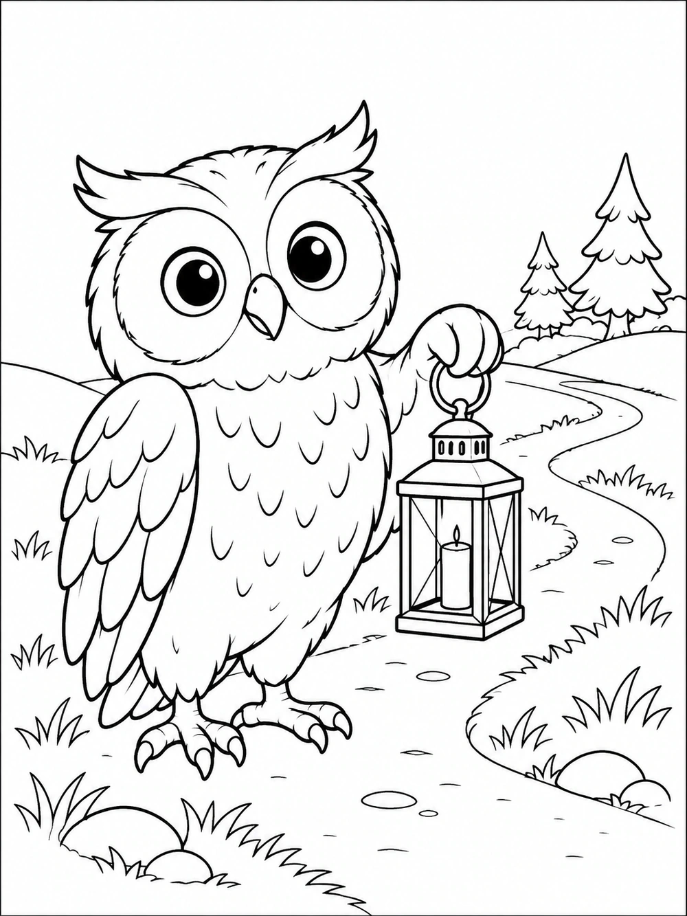Large owl holding a glass-panel lantern beside a winding path, with two distant evergreen trees