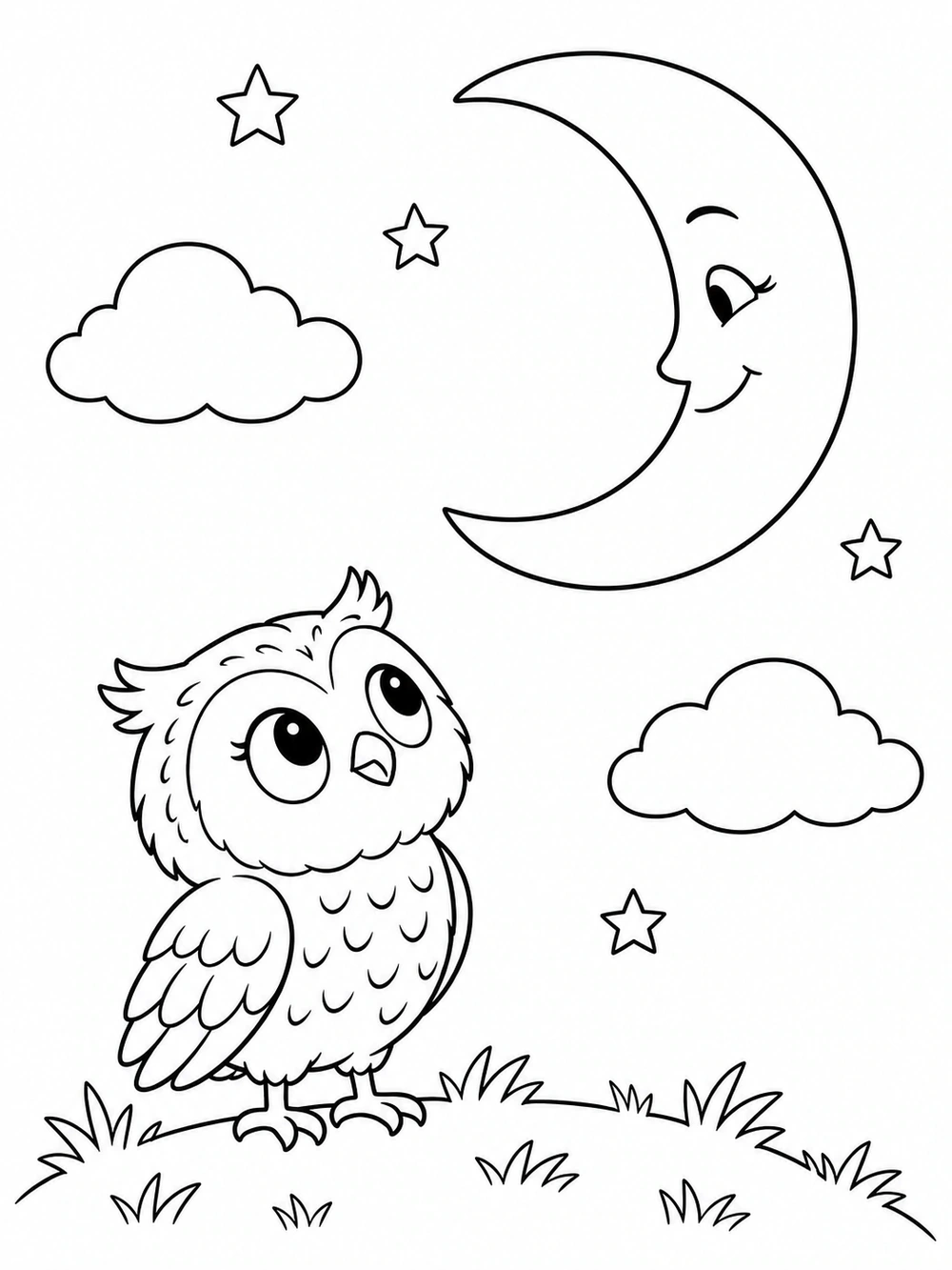 Little owl standing on a grassy mound and looking up at a smiling crescent moon, with clouds and stars