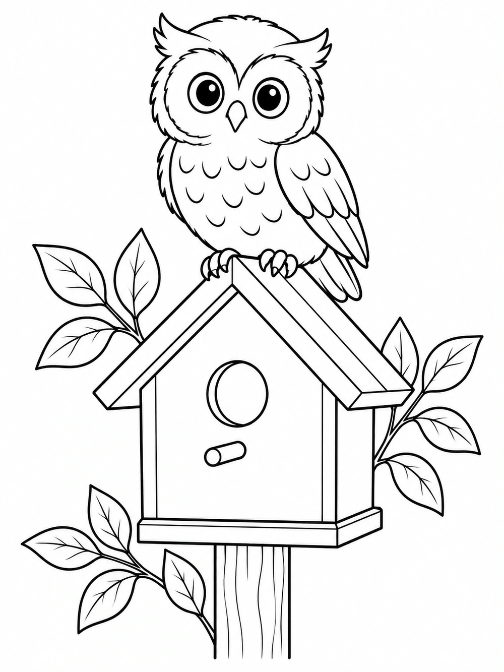 A wide-eyed owl perched on a birdhouse roof, framed by leafy sprigs.
