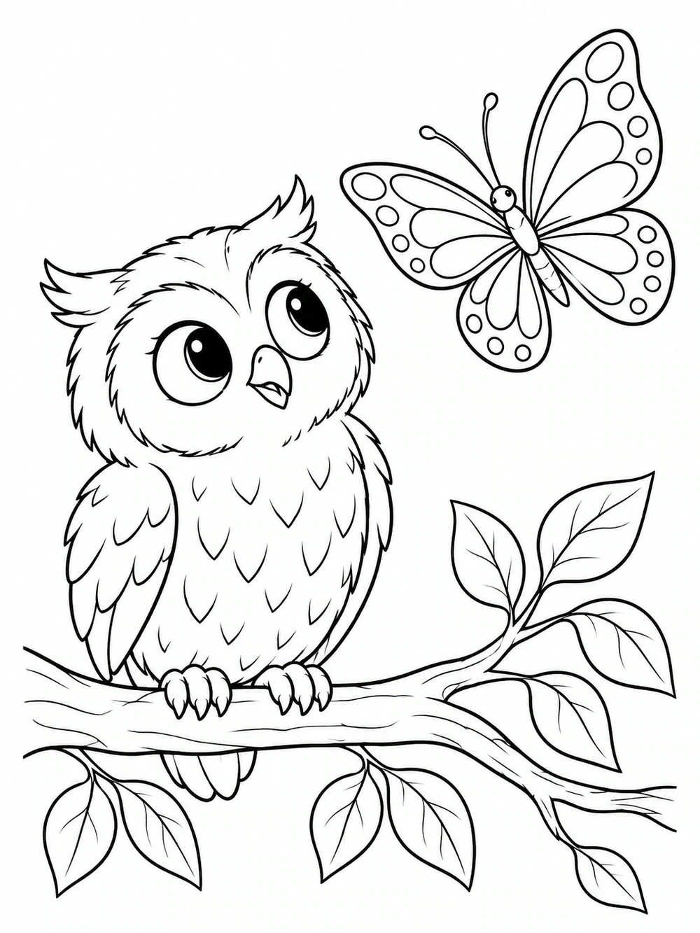 Curious owl watching a large butterfly