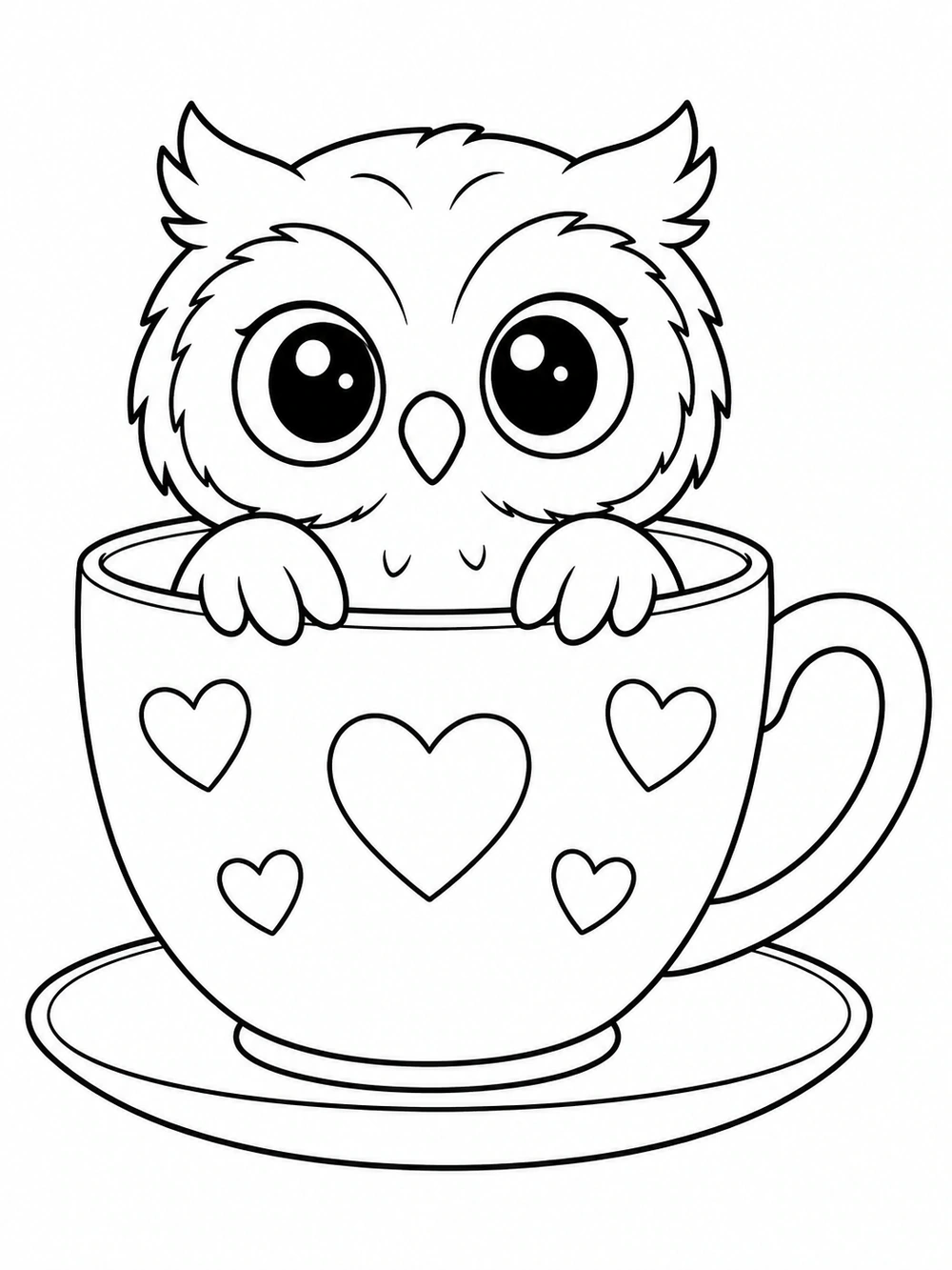 Wide-eyed owl perched inside a large heart-decorated teacup with a handle, resting on a saucer.