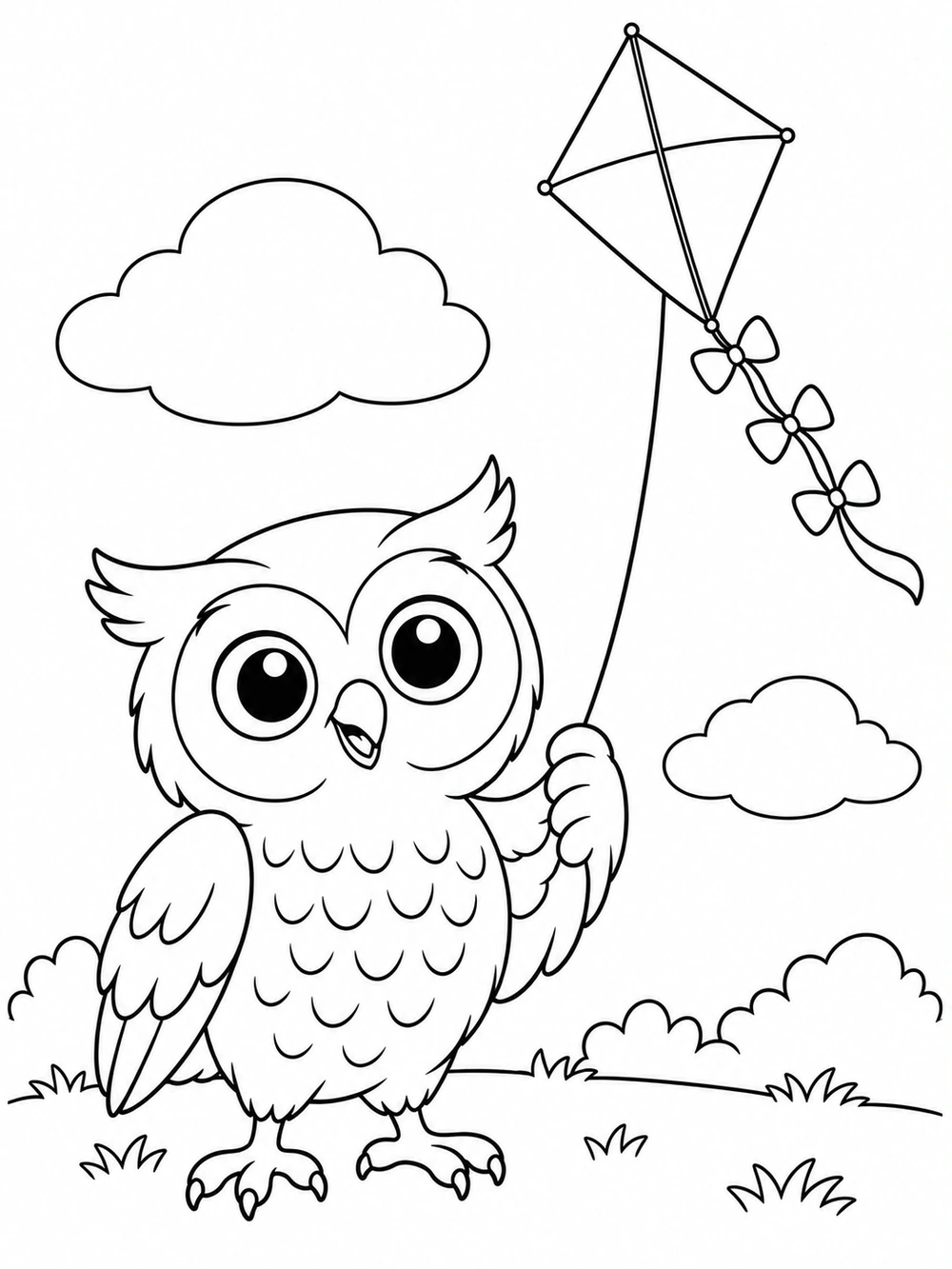Playful owl holding a kite string with a bow-tailed kite overhead and clouds