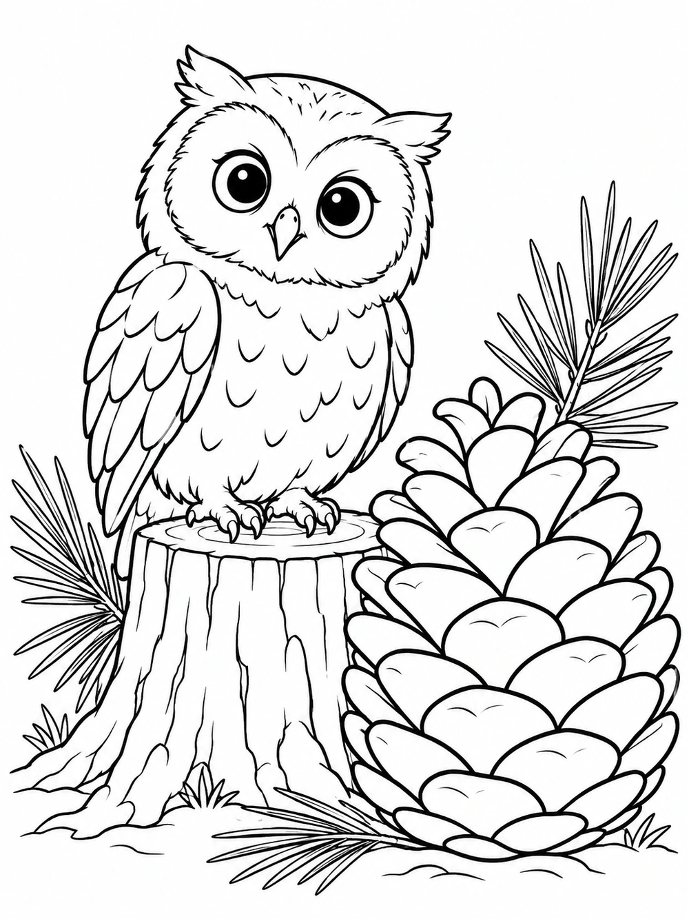 A wide-eyed owl perched on a tree stump beside a large pinecone and pine needles.