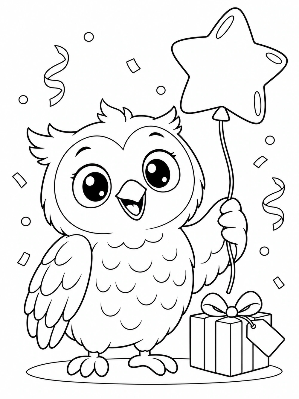 Happy owl holding a star balloon beside a wrapped gift