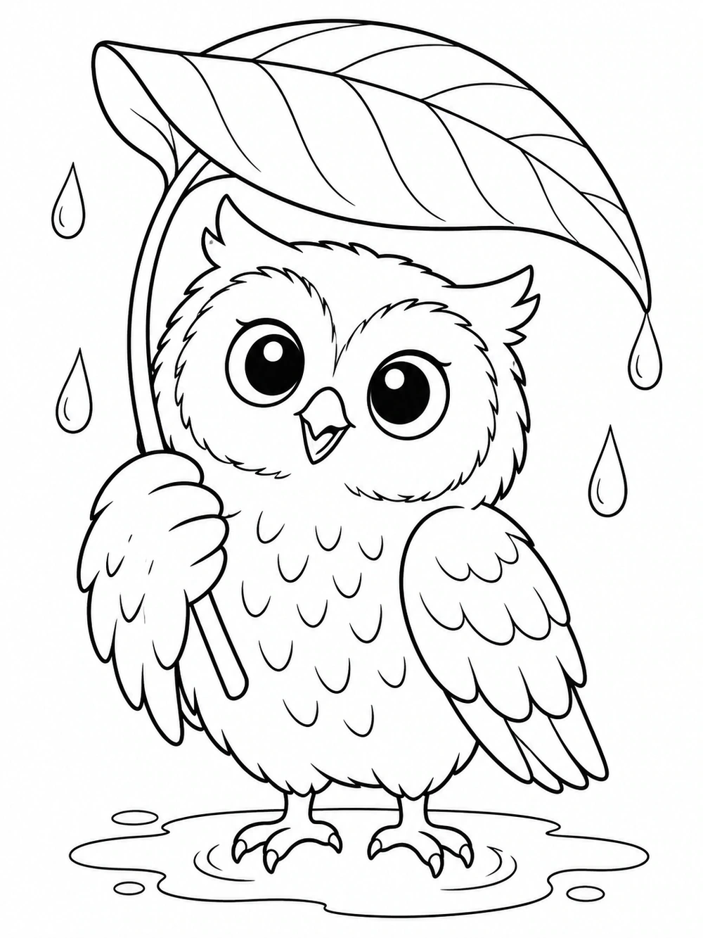 Whimsical owl holding a large veined leaf overhead like an umbrella, with raindrops and a puddle beneath its feet.