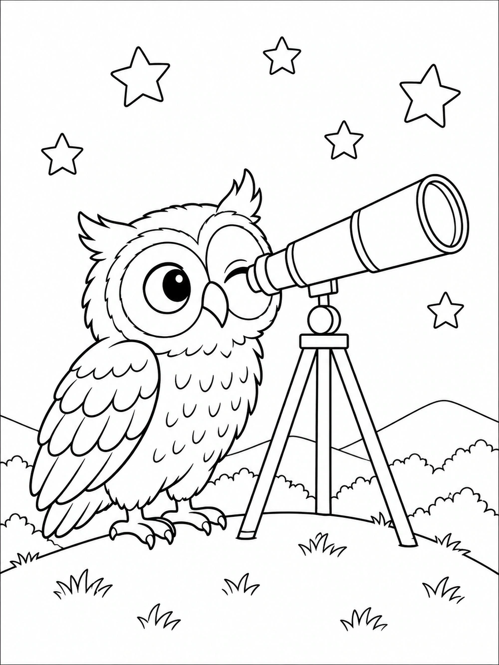 Owl looking through a telescope beneath simple stars