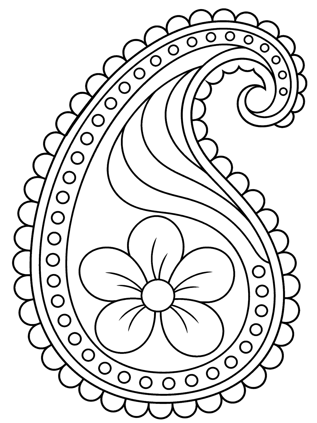 Classic paisley coloring page with a central five-petal flower, curved bands, and dotted trim