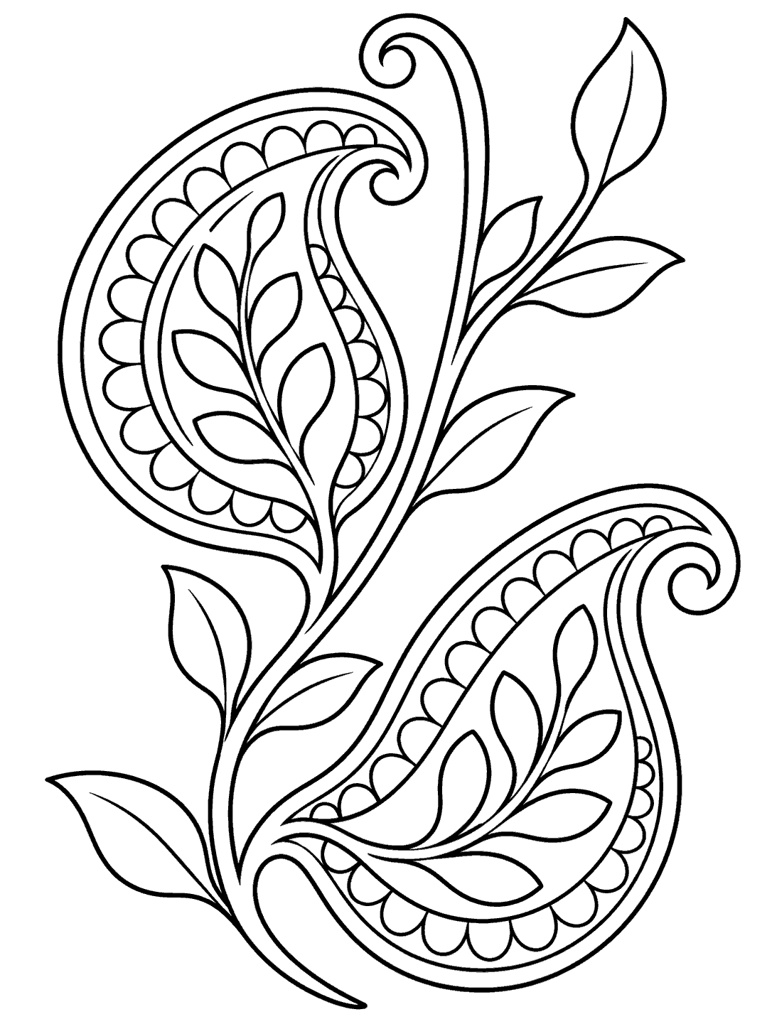 Paisley vine coloring page with two ornate curling leaves and bold black outlines