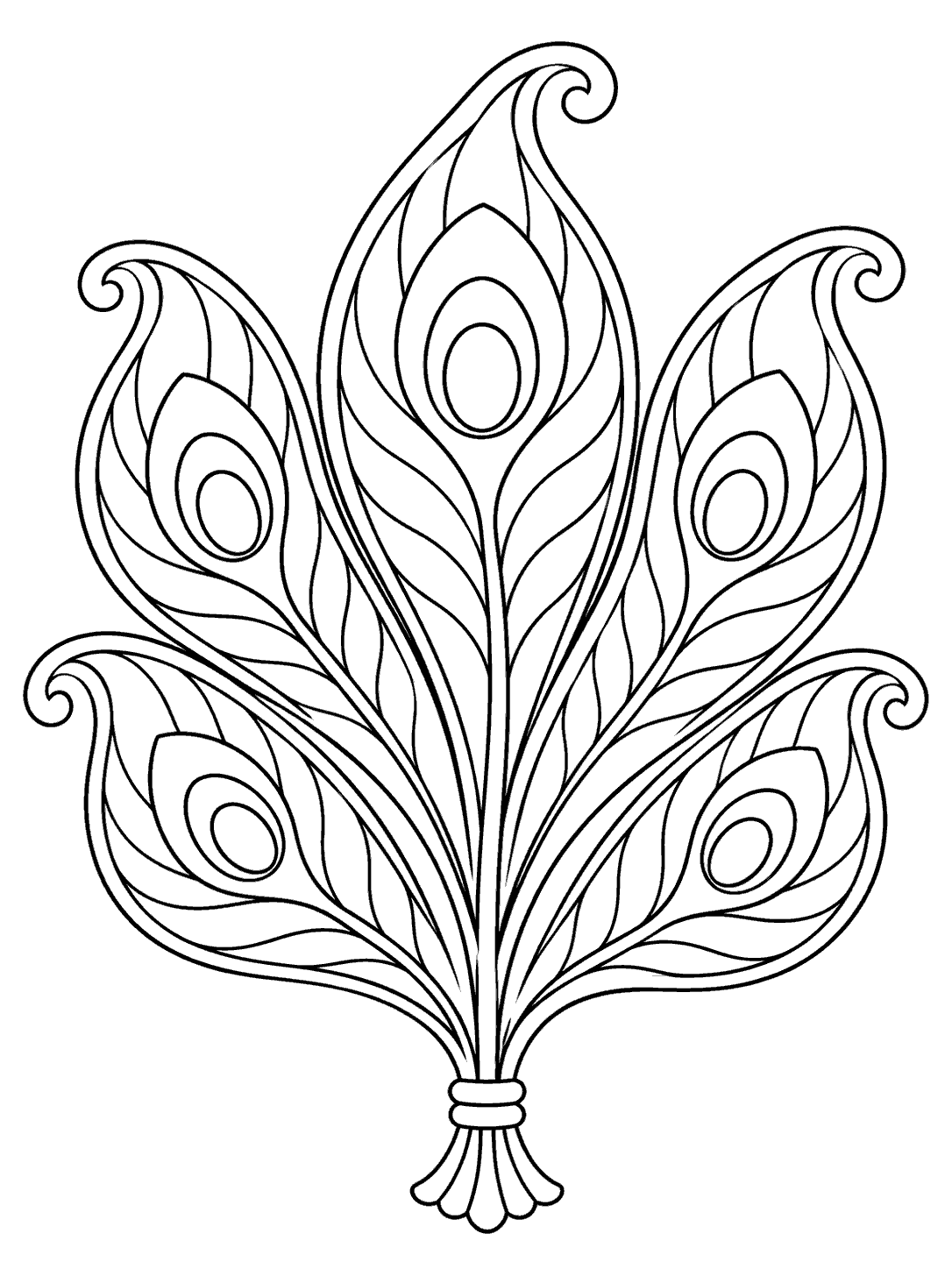 Black outline coloring page of five paisley peacock feather lobes fanning from a short stem, each with an oval eye motif.