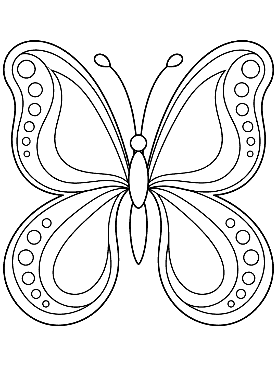 Paisley butterfly coloring page with four large outlined wings, curved bands, and small circular accents.