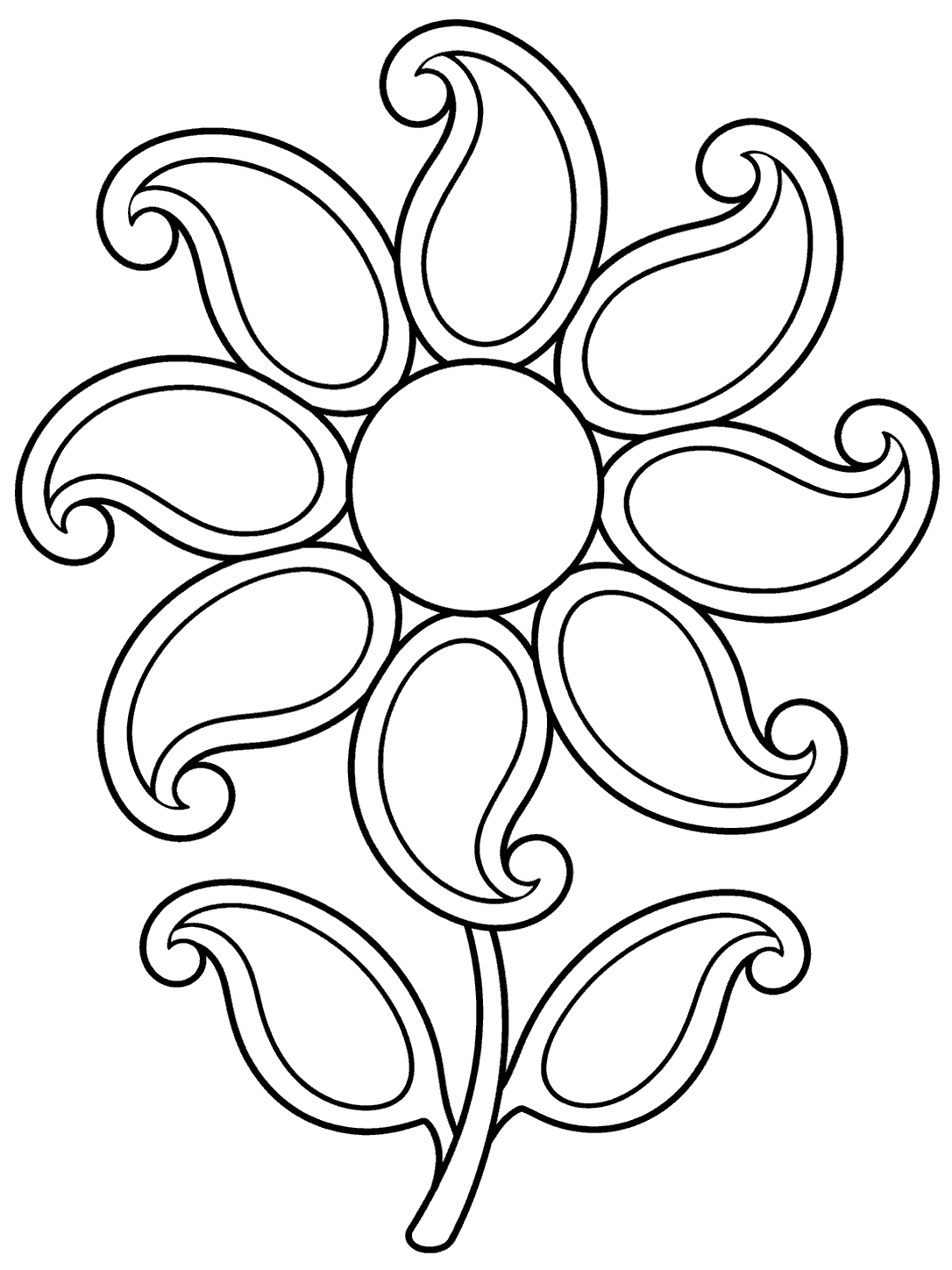 Paisley flower coloring page with eight curled paisley petals, a circular center, and two leaves.