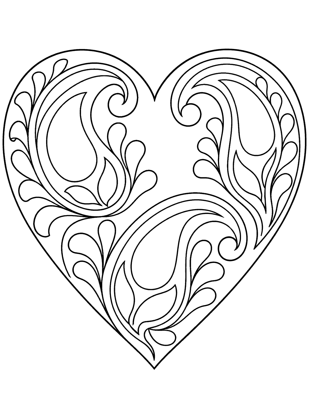 Paisley heart coloring page with three broad curls, leaf details, and a smooth outer heart outline.