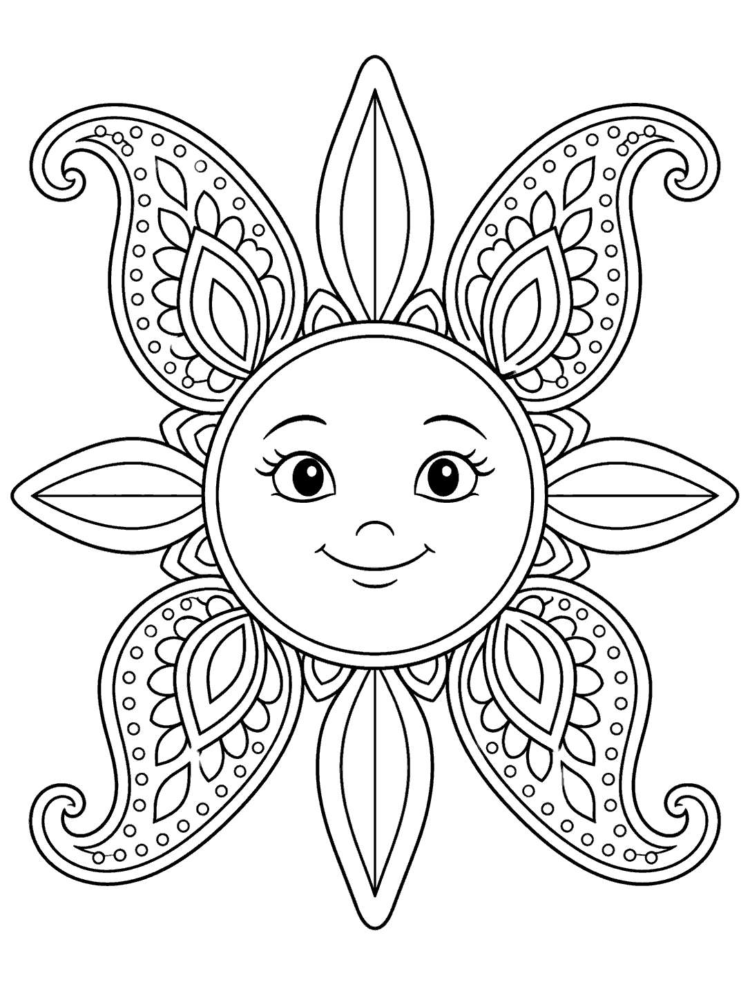 Printable coloring page showing a friendly sun with four paisley rays and four rounded rays.