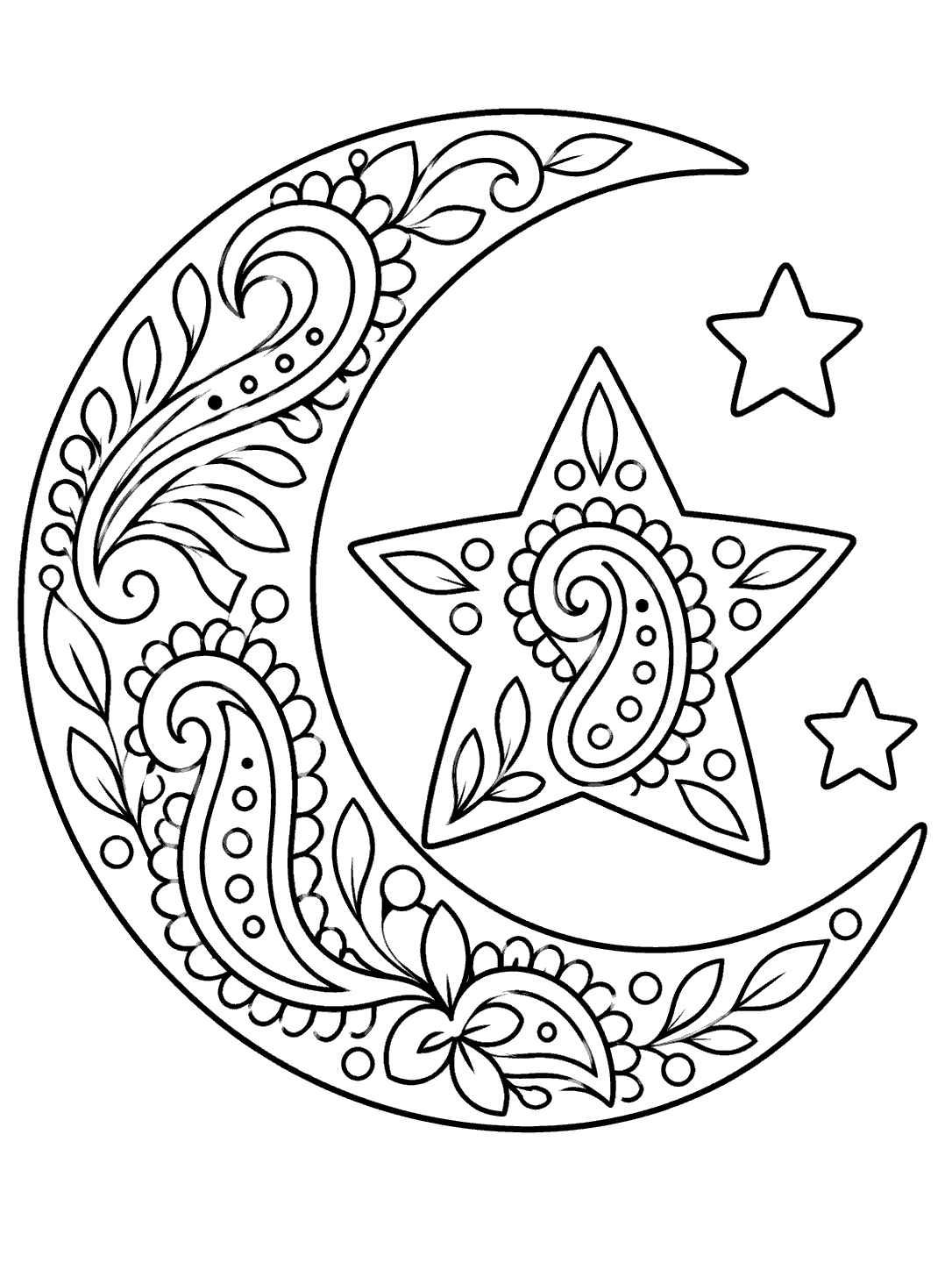 Paisley crescent moon coloring page with a large five-point star containing a paisley curl and two small stars.