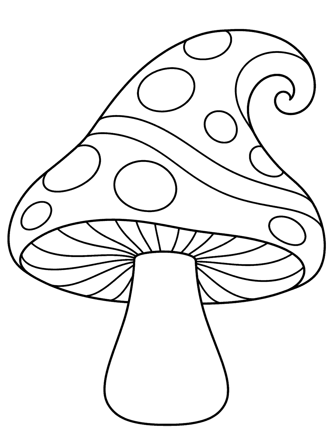 Paisley mushroom coloring page with a curled decorative cap, spots, and curved bands.