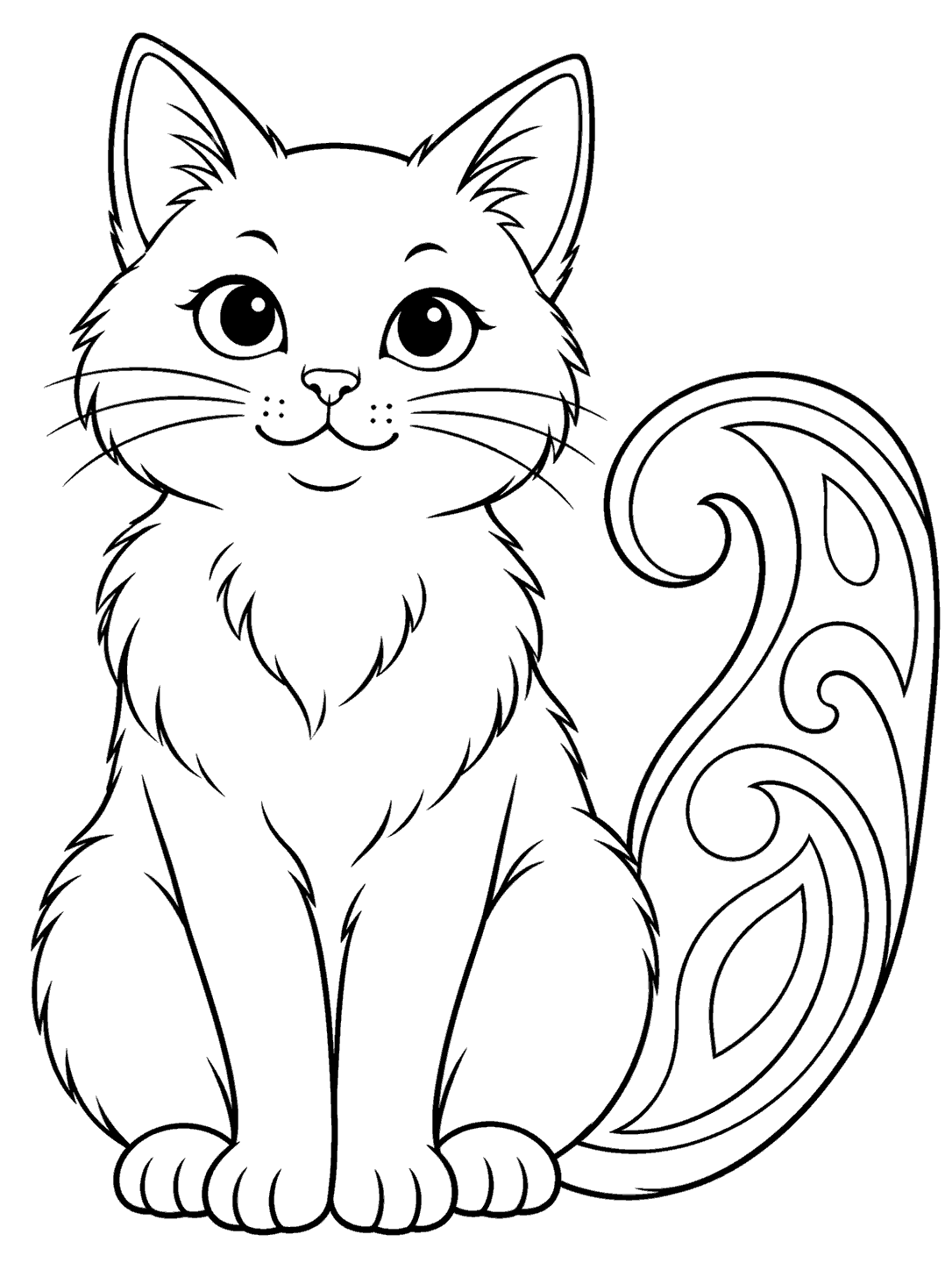 Paisley cat coloring page with curled tail
