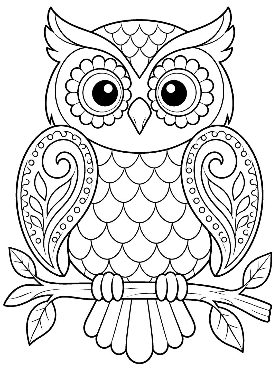 Front-facing owl perched on a leafy branch, with curled paisley wing designs and bold black outlines.