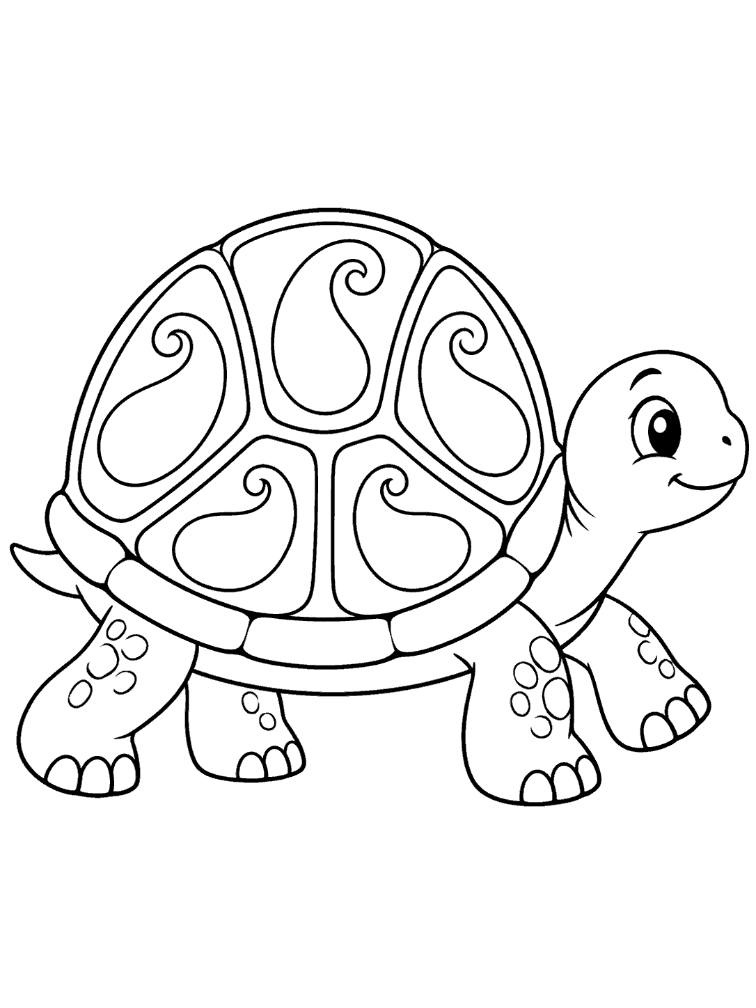 Paisley turtle coloring page with five decorative shell panels and four sturdy legs