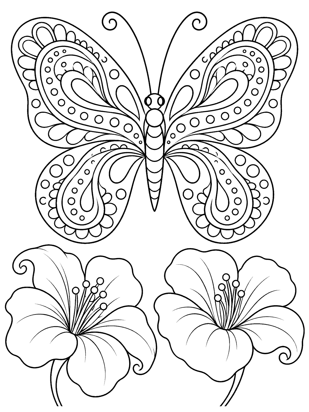 Black-and-white paisley butterfly above two large curling flowers on a portrait coloring page.