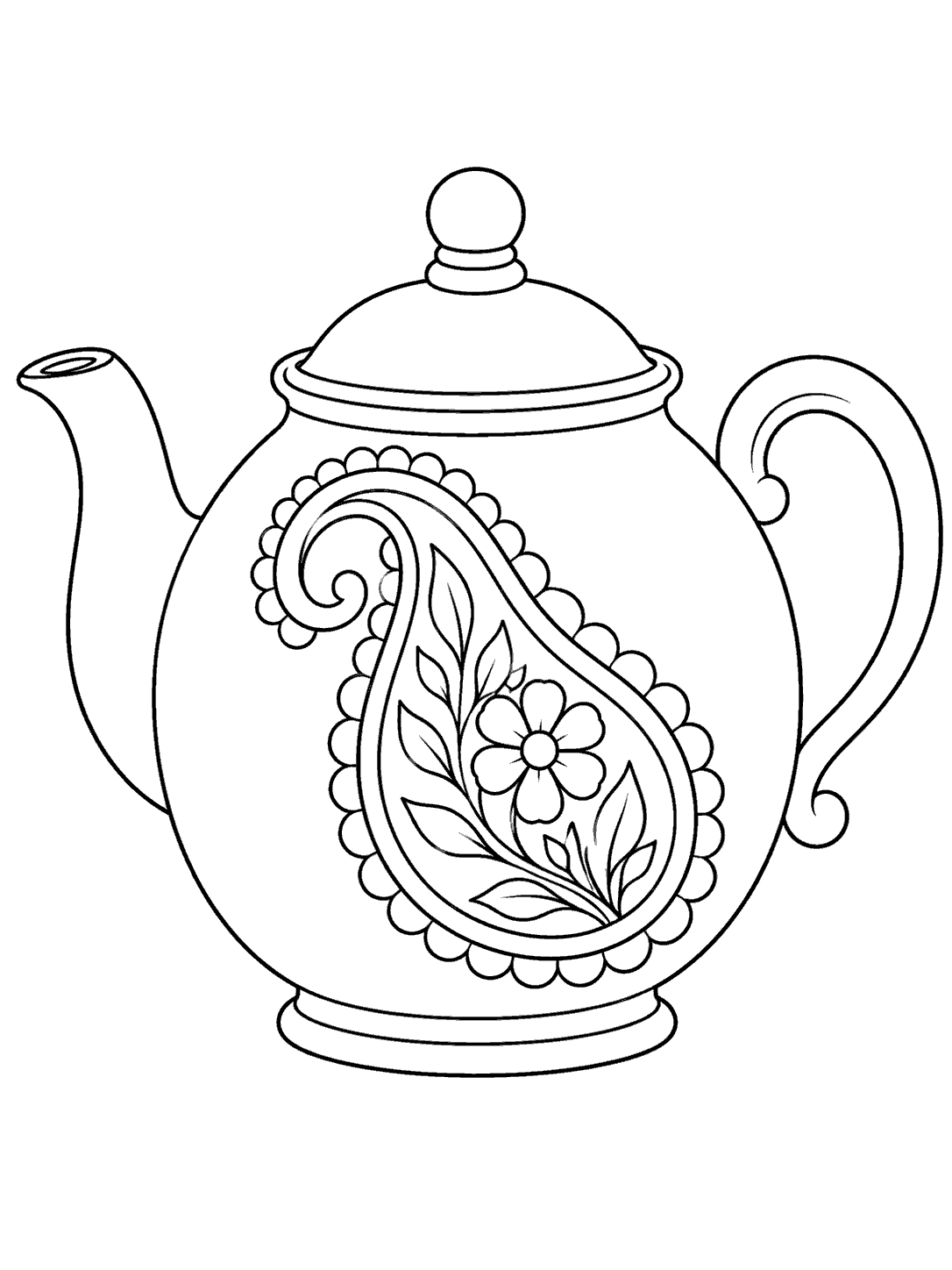 Black-and-white coloring page of a fully visible rounded teapot with a floral paisley medallion.