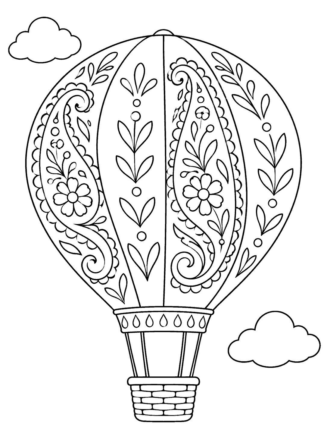 Black line art of a paisley hot air balloon with a small basket and two clouds on a white coloring page.