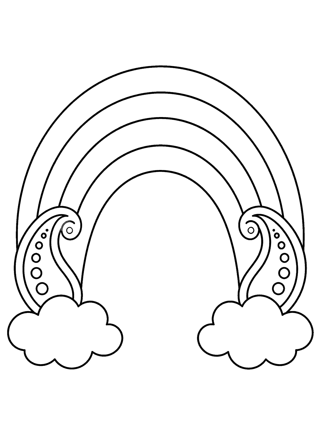 Paisley rainbow coloring page with four wide bands, curled ends, and a cloud at each end