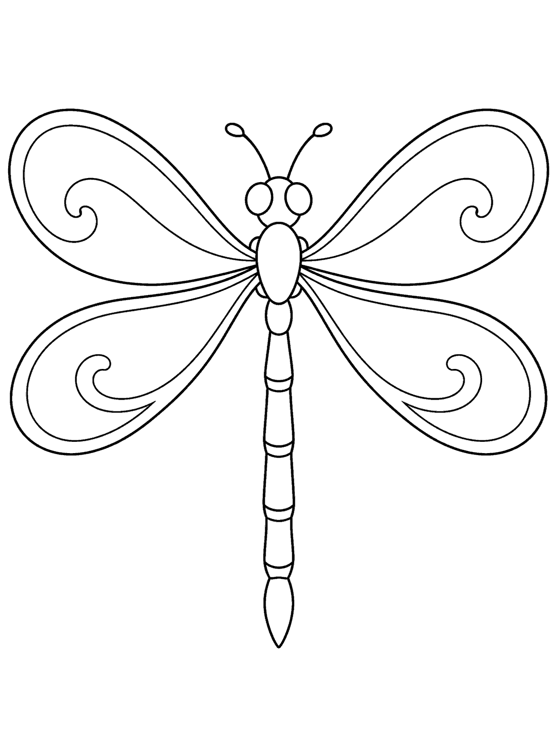 Black outline coloring page showing a centered dragonfly with four large curled paisley wings, antennae, and a segmented body on a white portrait page.
