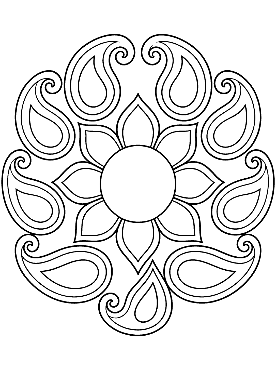 Paisley mandala coloring page with bold open motifs