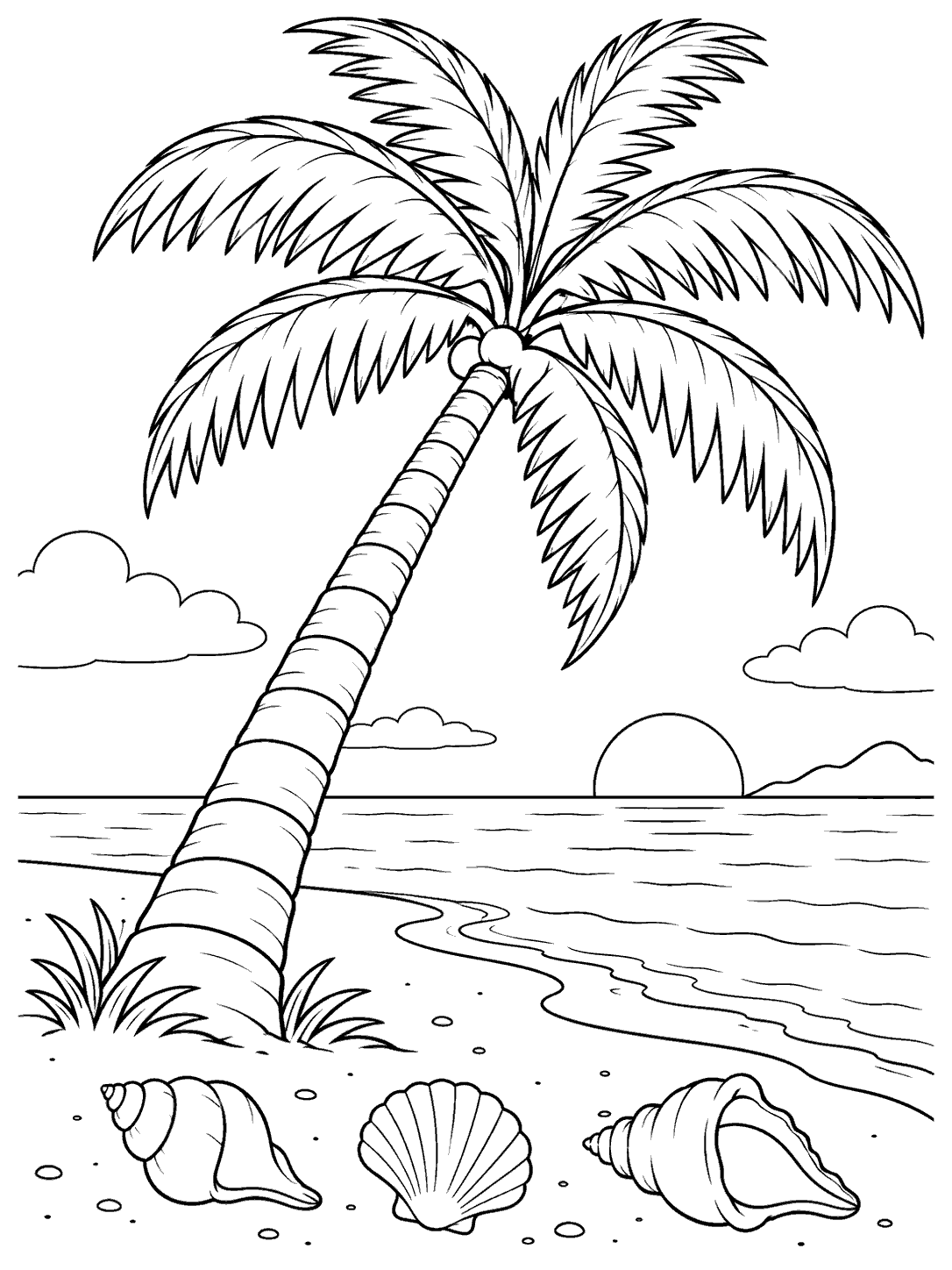 A gently leaning palm tree on a tropical beach with a curved shoreline, calm horizon, and three large shells.