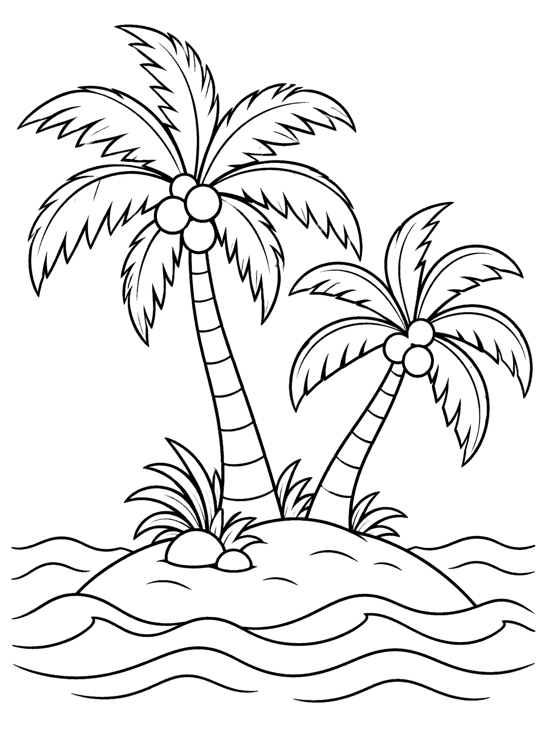 Two distinct palm trees with different heights and frond shapes on a small island surrounded by broad waves.