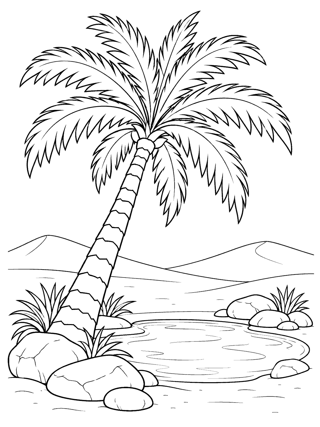 A large palm tree stands beside an oval oasis pool, surrounded by smooth stones with low dunes in the distance.