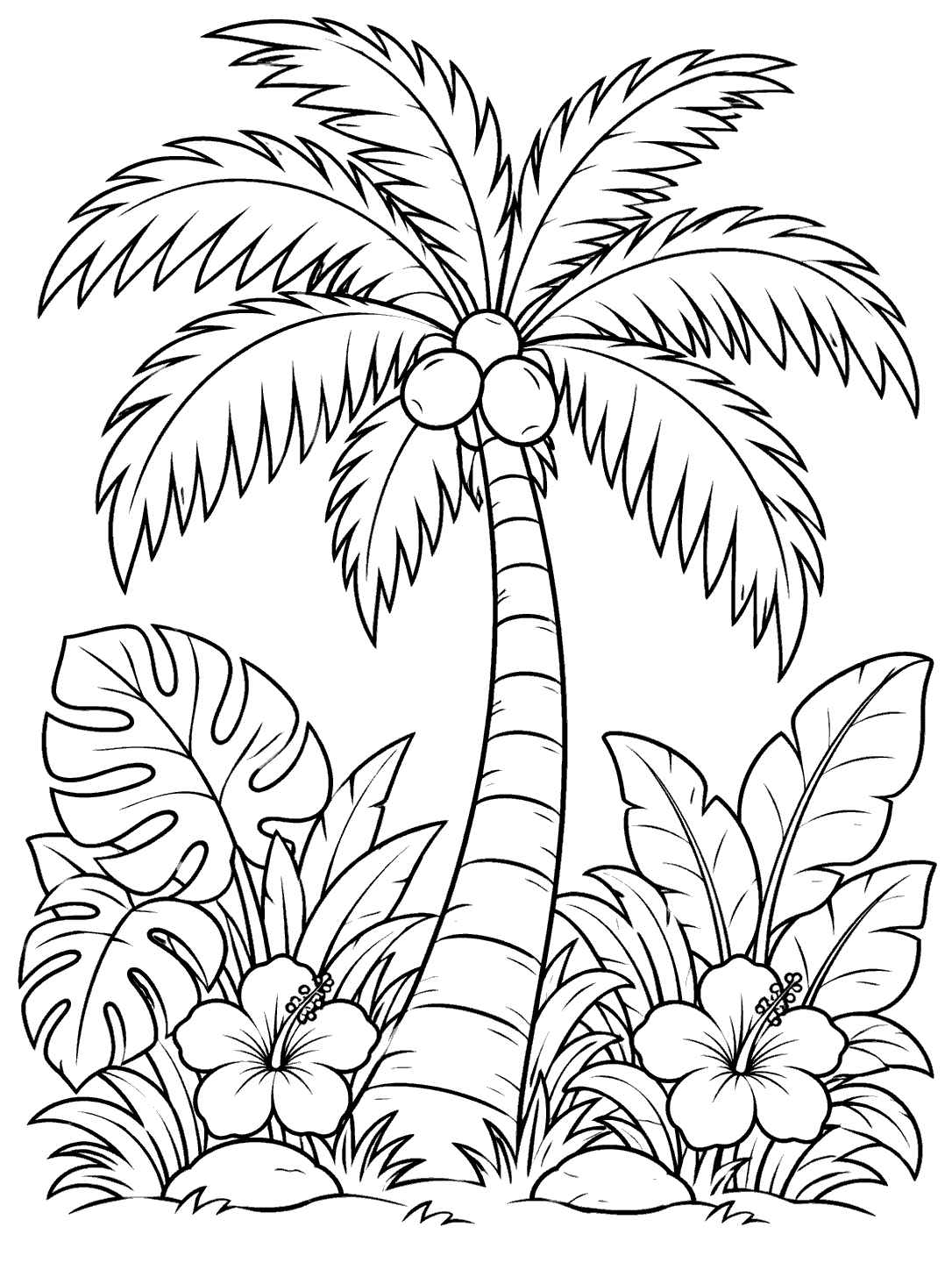 Palm tree with coconuts, oversized tropical leaves, and two flowers in a garden, drawn in black outlines on white.