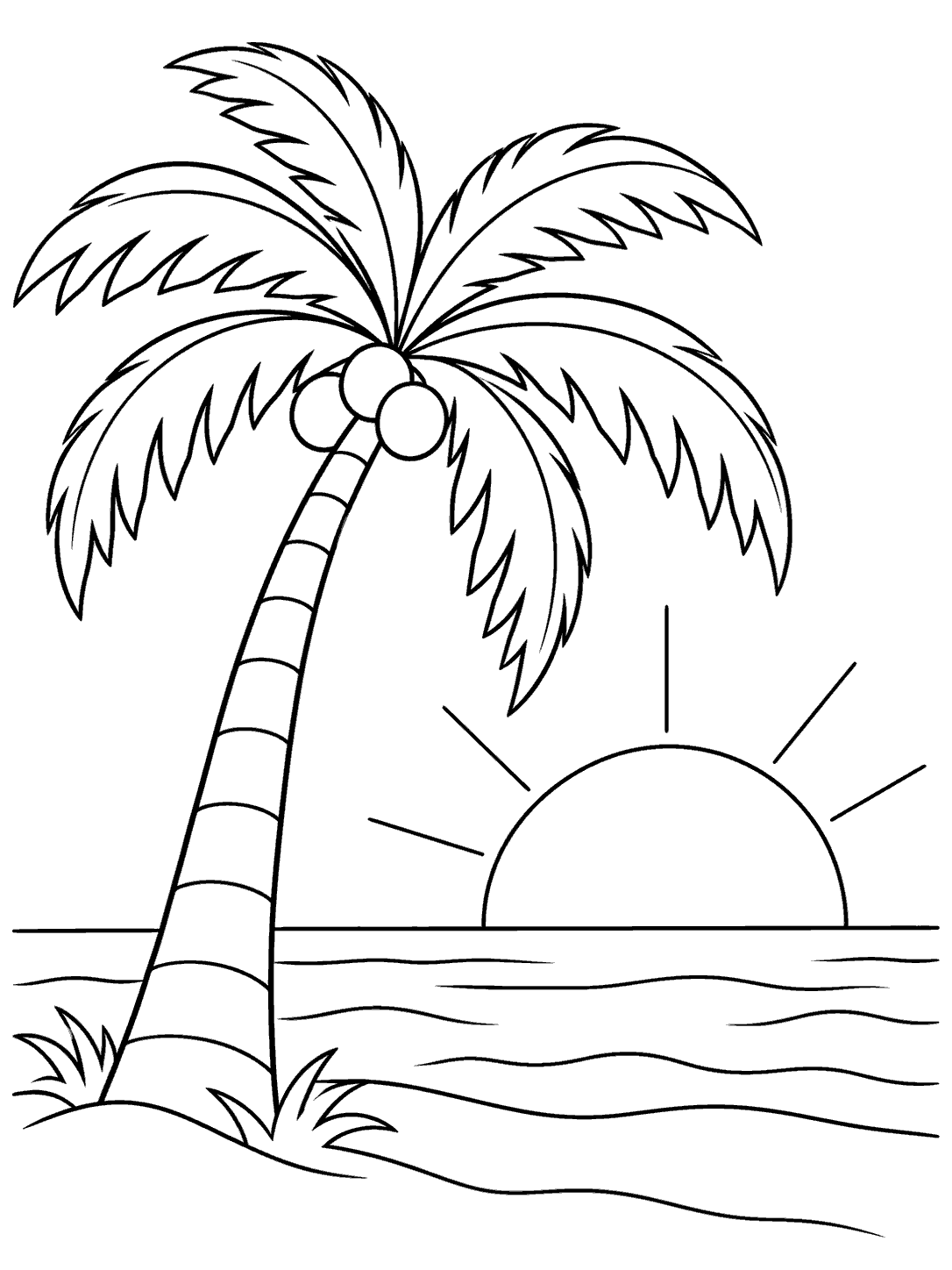 Black outline coloring page of a palm tree beside a large rising sun, with rays and simple water lines.