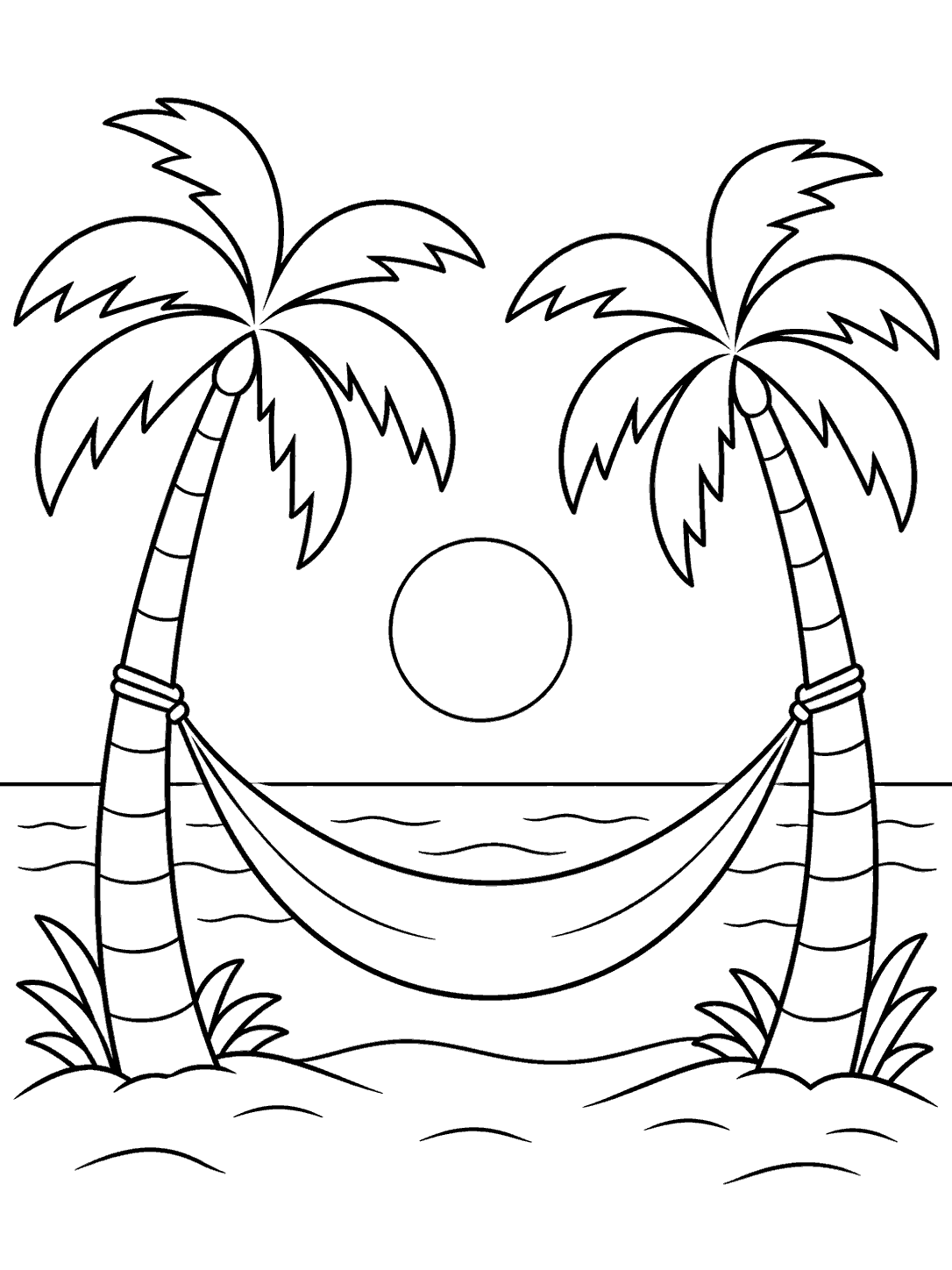 A curved hammock tied between two palm trees on a simple beach scene.