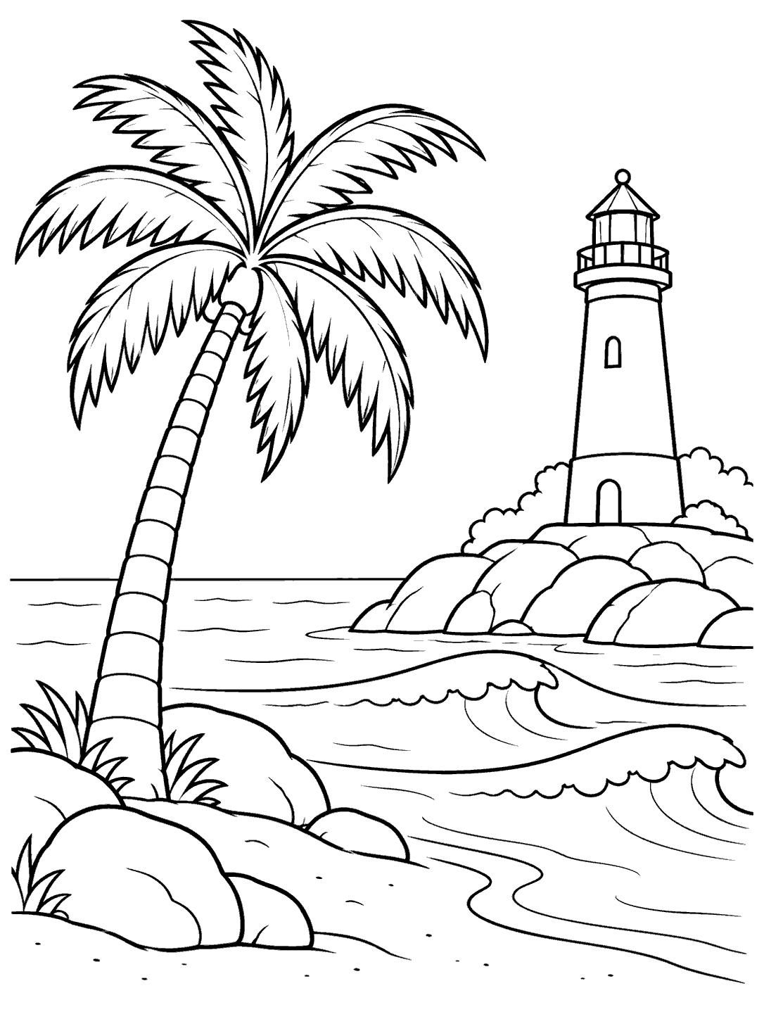 A palm tree and coastal lighthouse among rocks and curling waves.