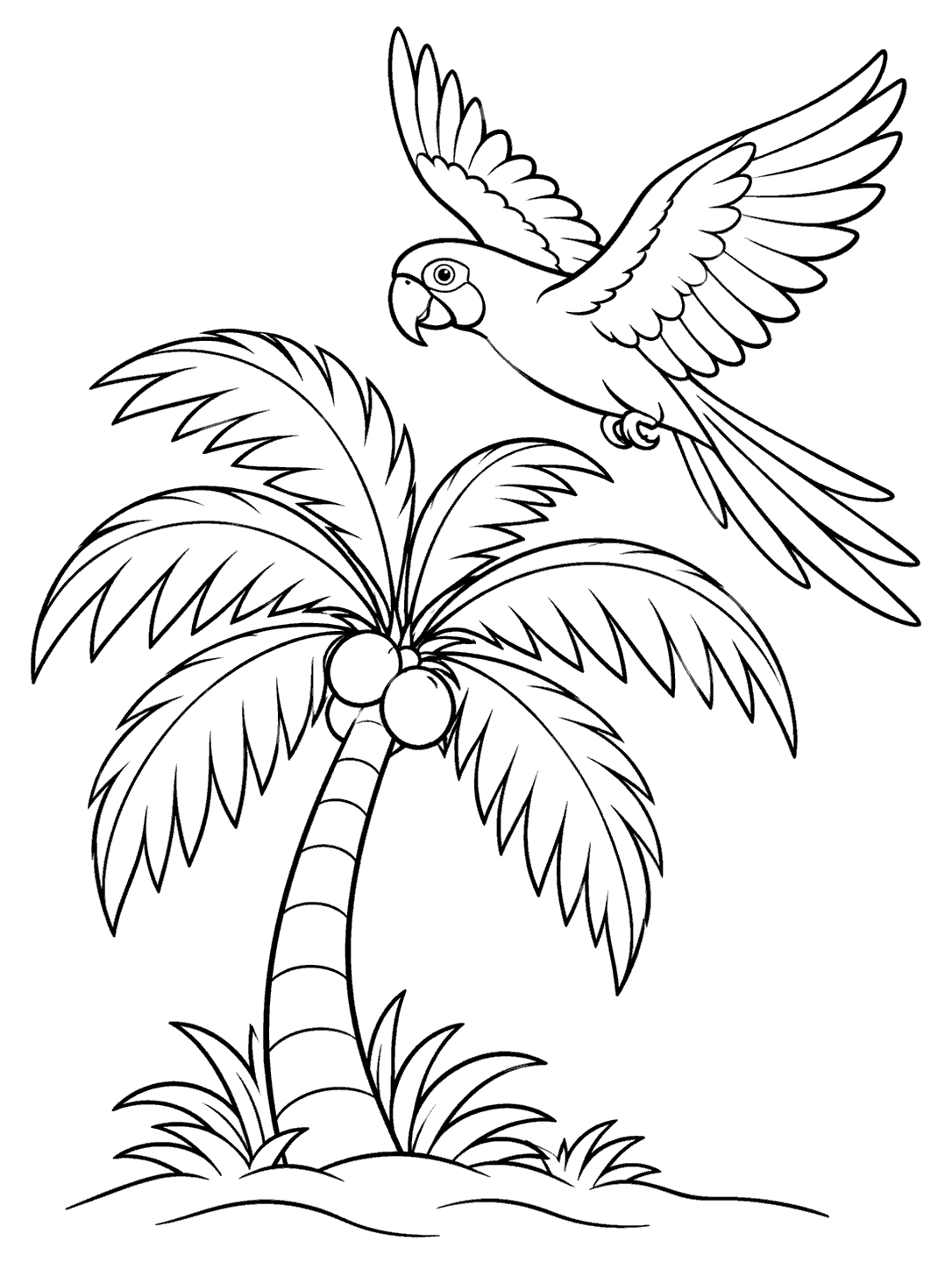 A large parrot in flight above a curved palm tree with coconuts and surrounding grasses, drawn in black outlines on white.