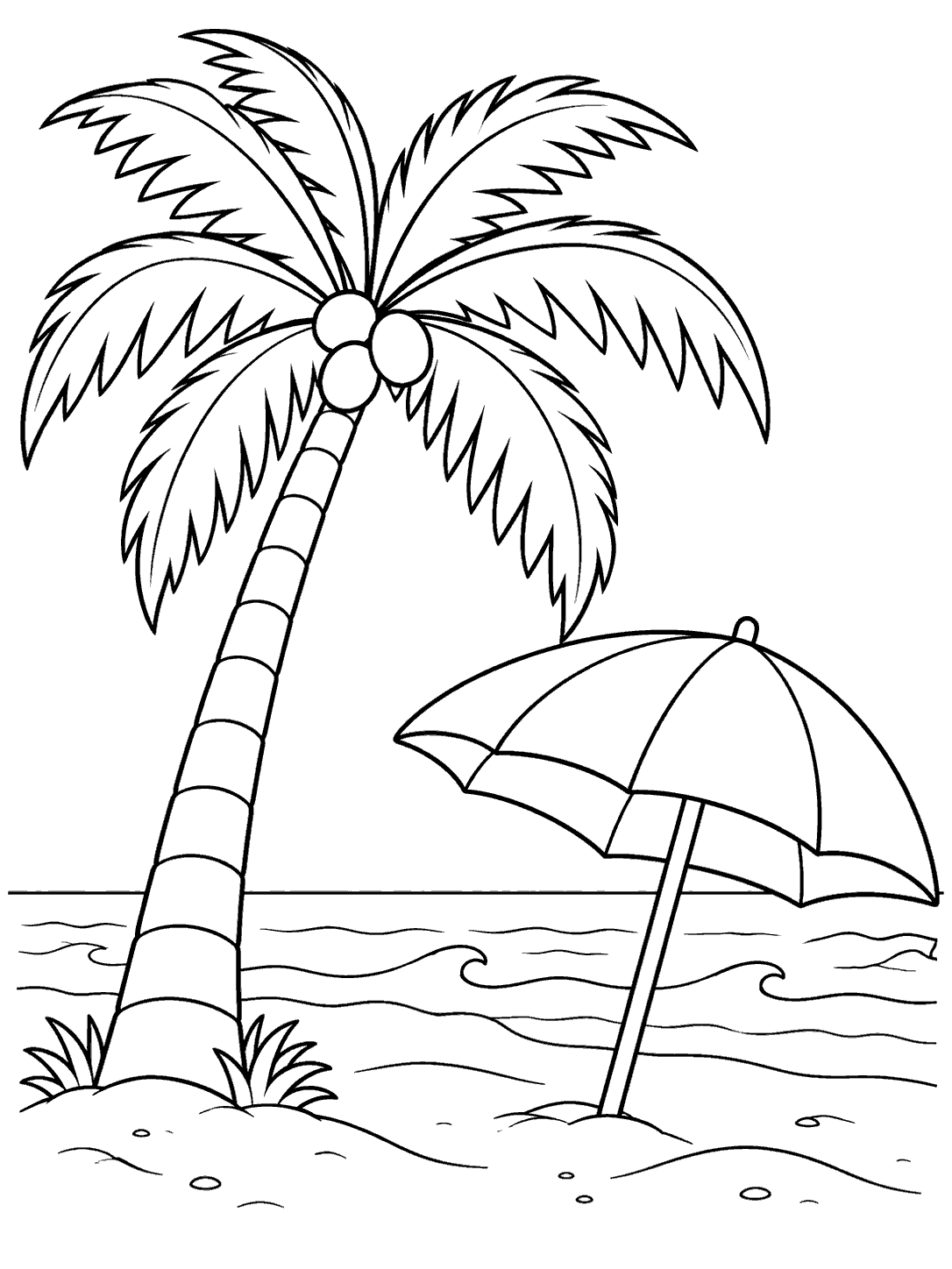 Black-outline coloring page showing a palm tree and beach umbrella on a sandy shore beside the sea.